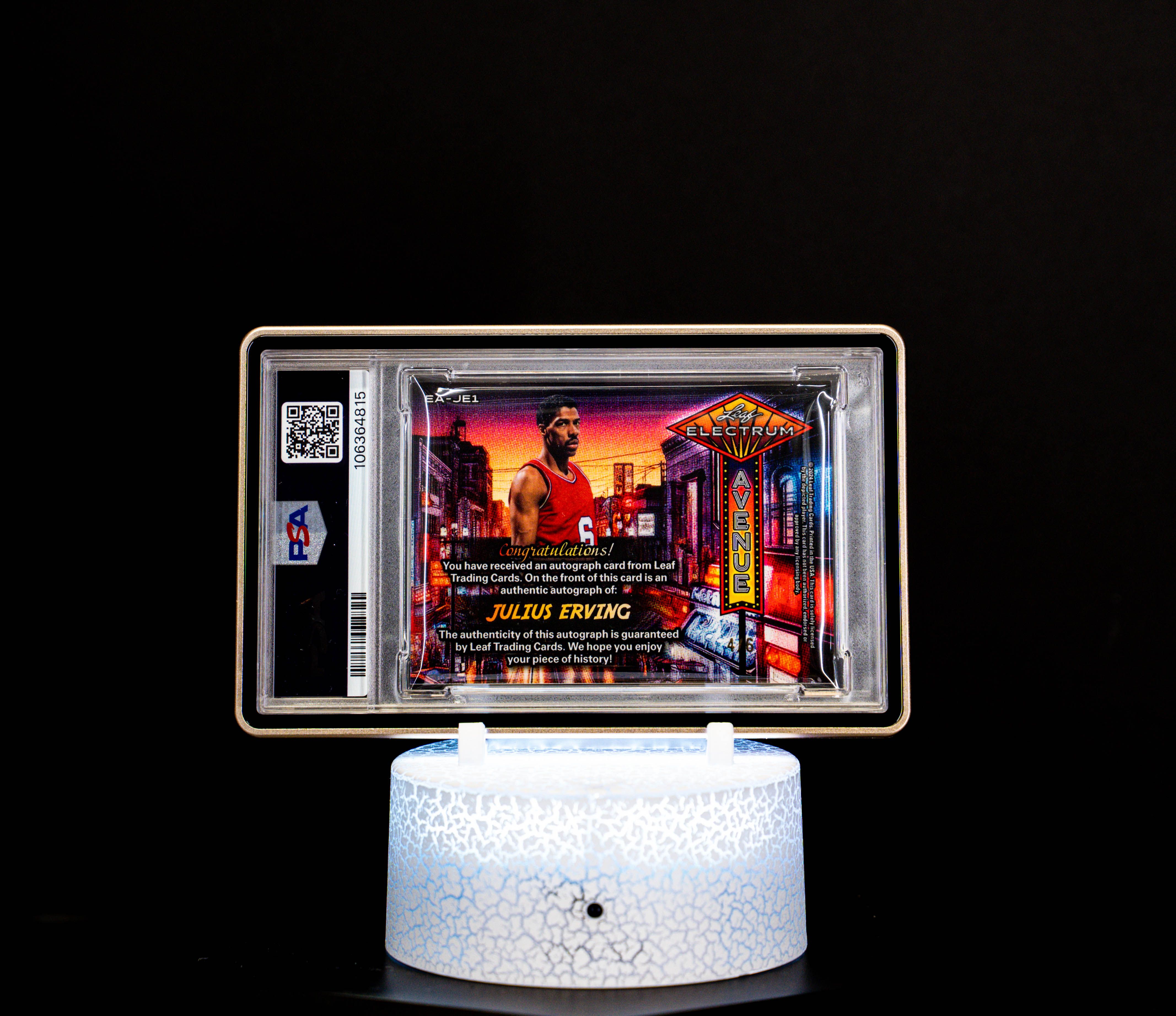 2024 Leaf Electrum Electrum Ave Auto Platinum Julius Erving (SN: 4/6) #EAJE1 – PSA GEM MT 10, Auto 10 (PSA Cert #106364815)