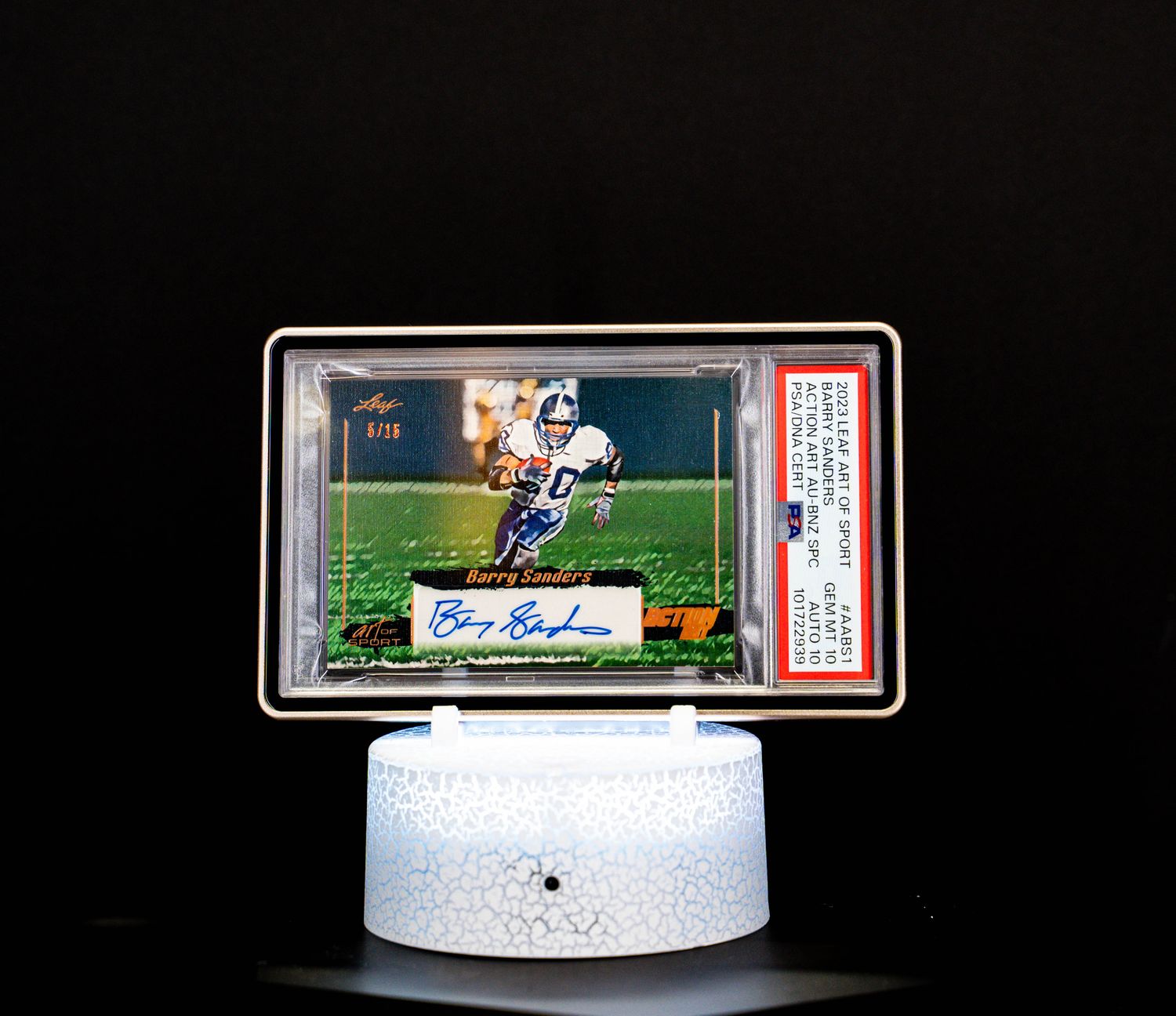 2023 Leaf Art of the Sport Action Art Autograph Bronze Spectrum Barry Sanders (SN: 5/15) #AABS1 – PSA GEM MT 10, Auto 10 (PSA Cert #101722939)