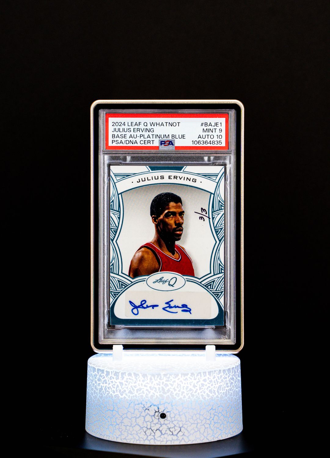 2024 Leaf Q Whatnot Base Autograph Platinum Blue Julius Erving (SN: 3/3) #BAJE1  (PSA Mint 9, Auto 10 PSA: #106364835) POP 1