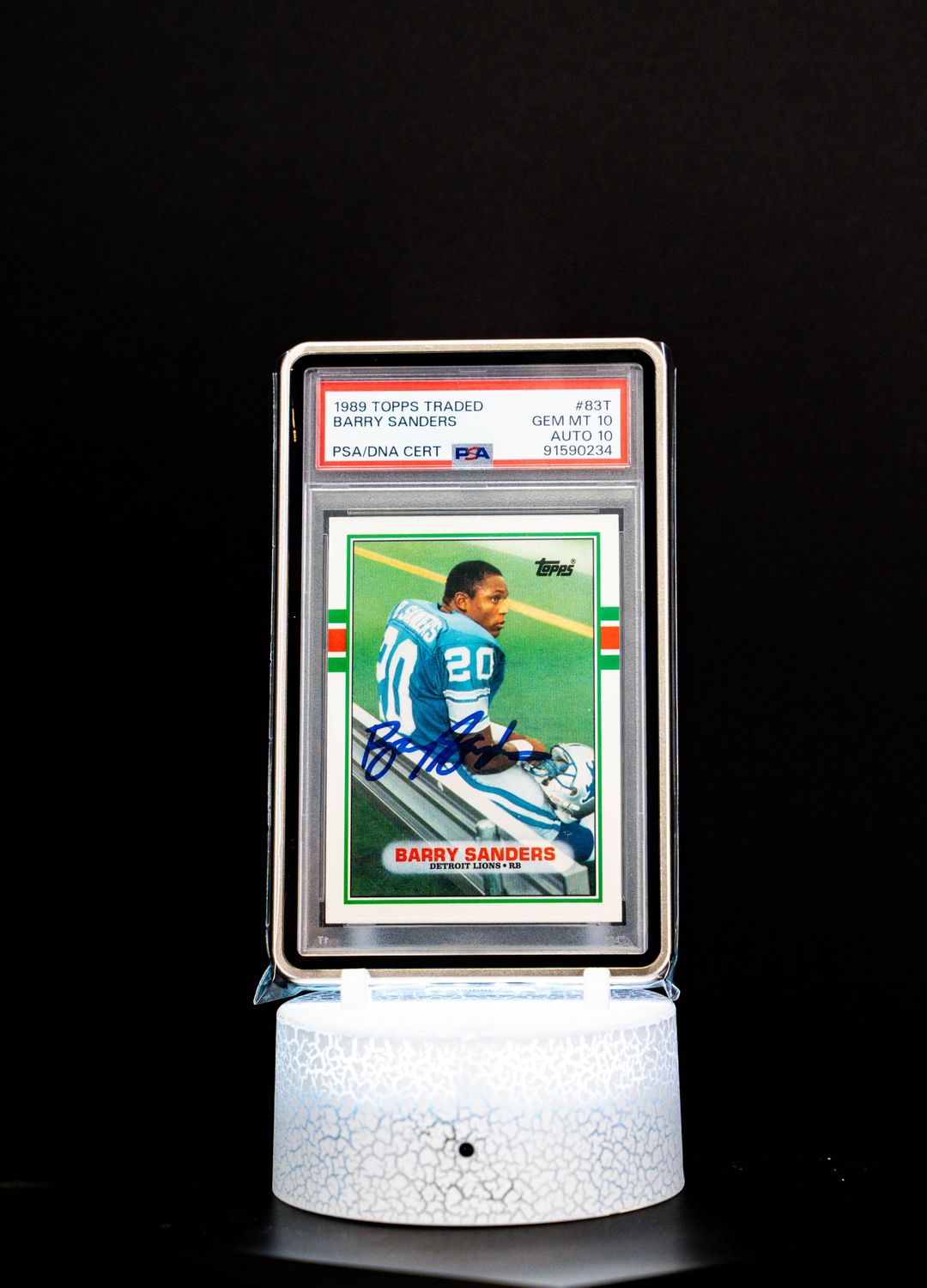 1989 Topps Traded Autographed (Rookie Card) Barry Sanders #83T – PSA GEM MT 10, Auto 10 (PSA Cert #91590234)