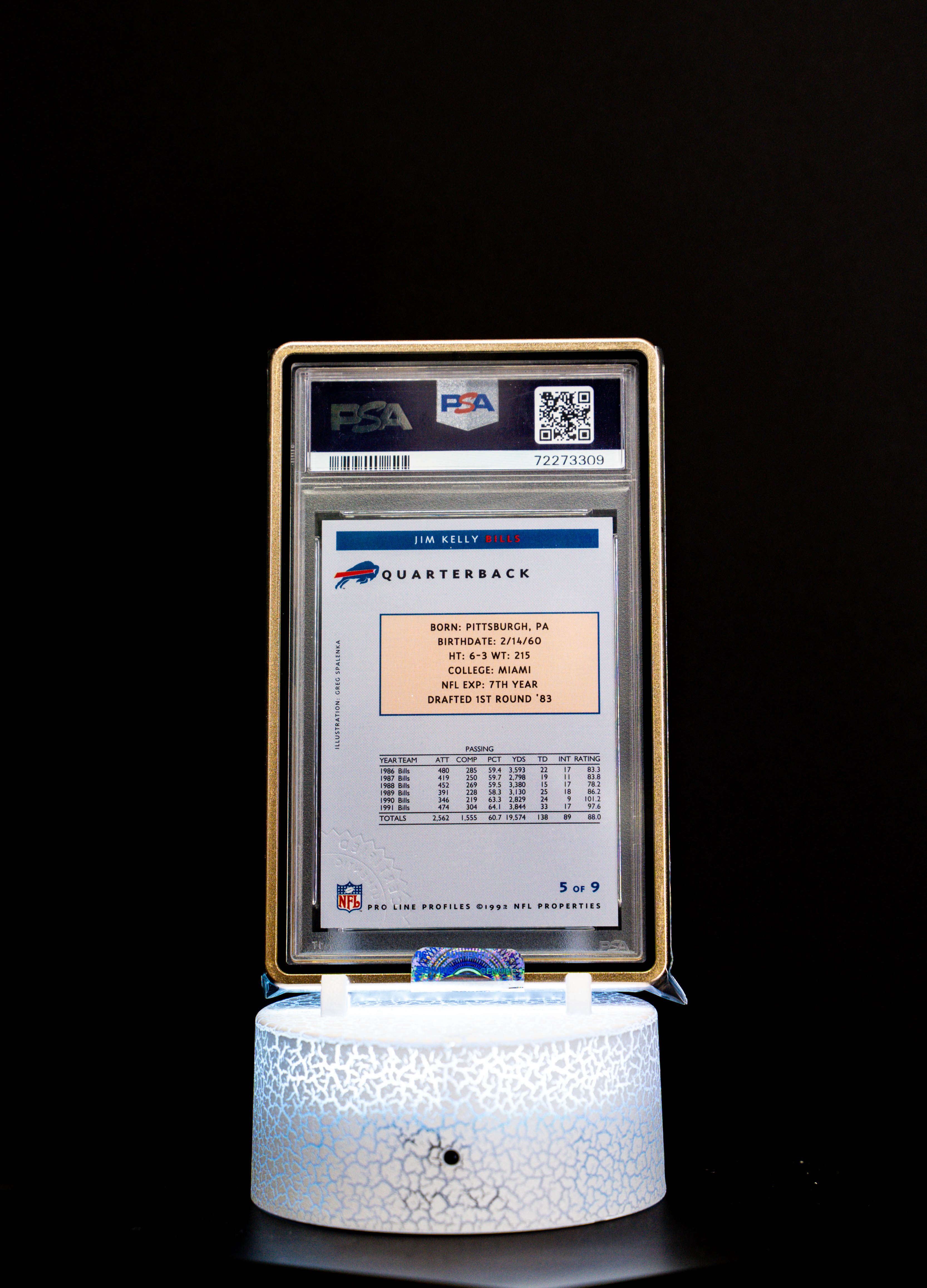 1992 Proline Profiles Autographed Jim Kelly #5 – PSA GEM MT 10, Auto 10 (PSA Cert #72273309)