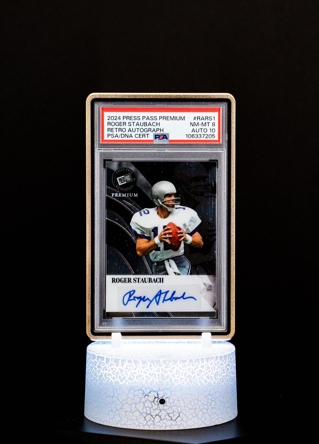 2024 Press Pass Premium Retro Roger Staubach Auto SN7/49 PSA NM-MT 8 Auto 10 #RARS1