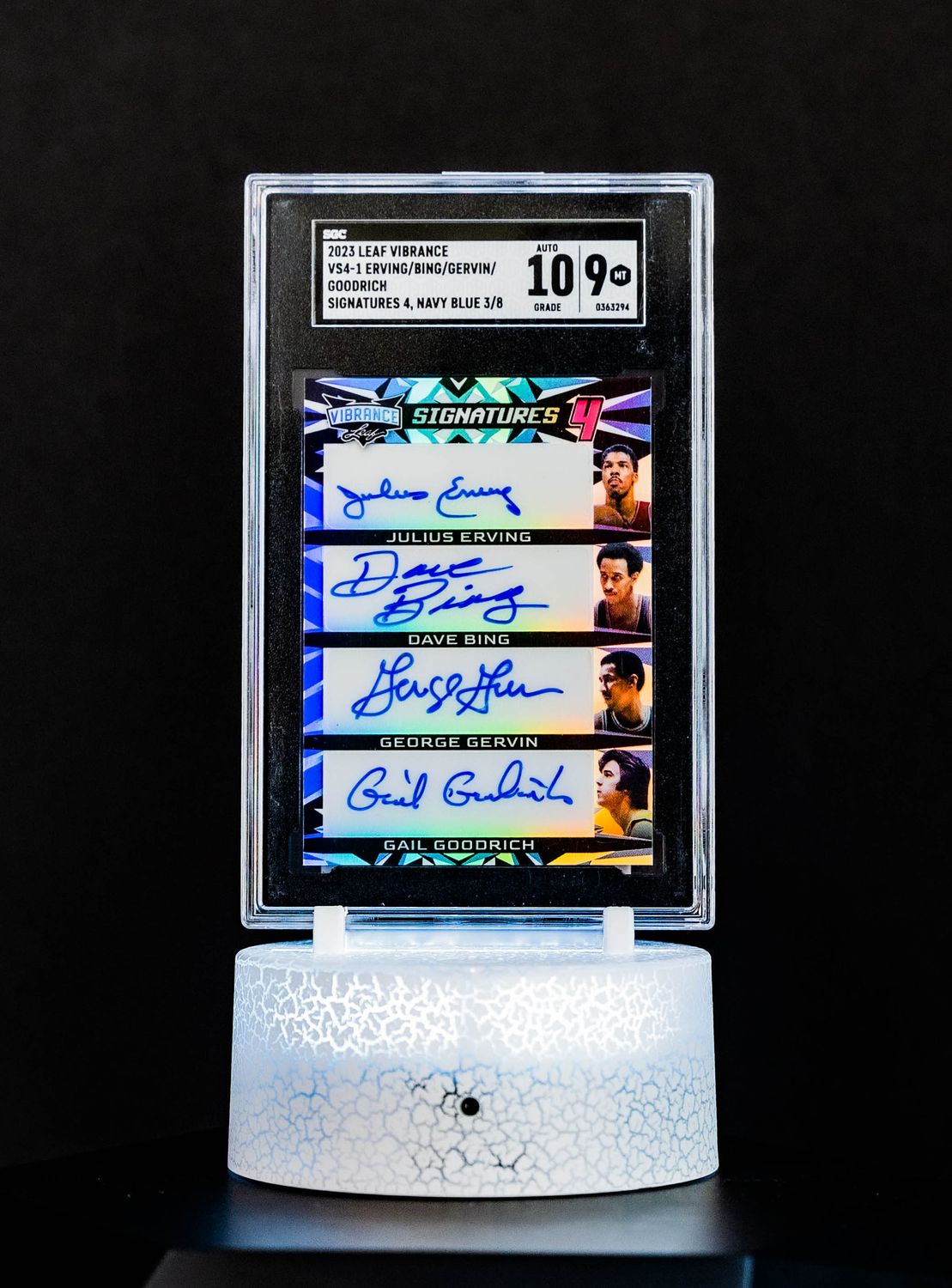 2023 Leaf Vibrance SIgnatures 4 Navy Blue Erving, Bing, Gervin and Goodrich (SN: 3/8) #VS4-1 (SGC Card Mint 9 Auto 10 SGC: #0363294)