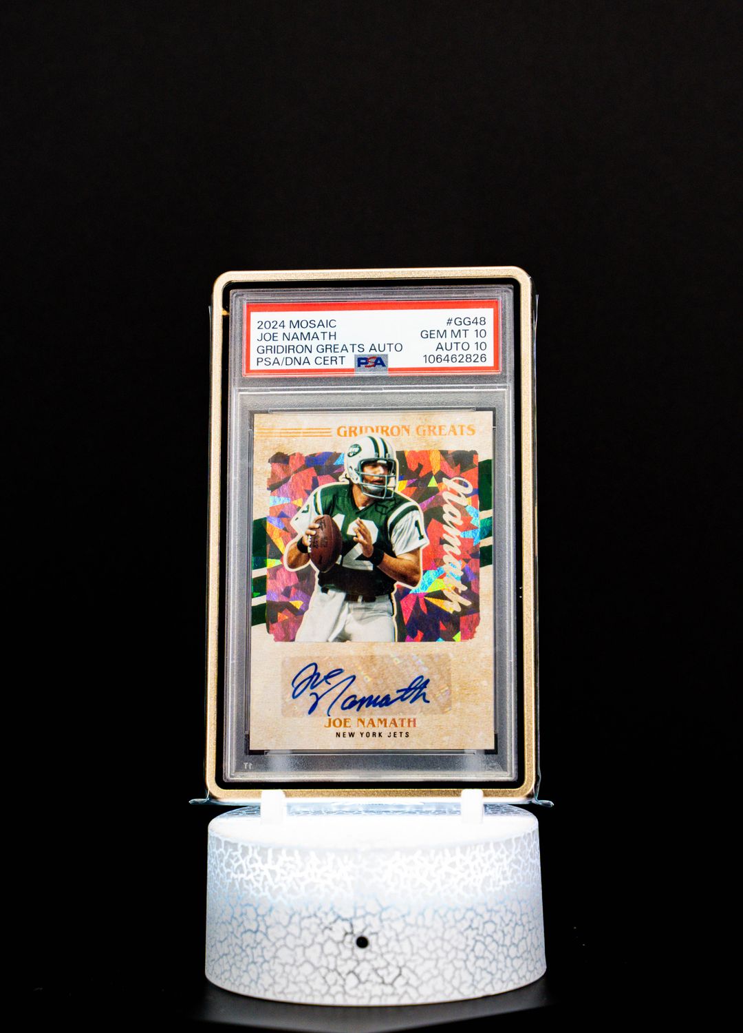2024 Mosaic Gridiron Greats Autograph Joe Namath #GG48 – PSA GEM MT 10, Auto GEM MT 10 (PSA Cert #106462826)
