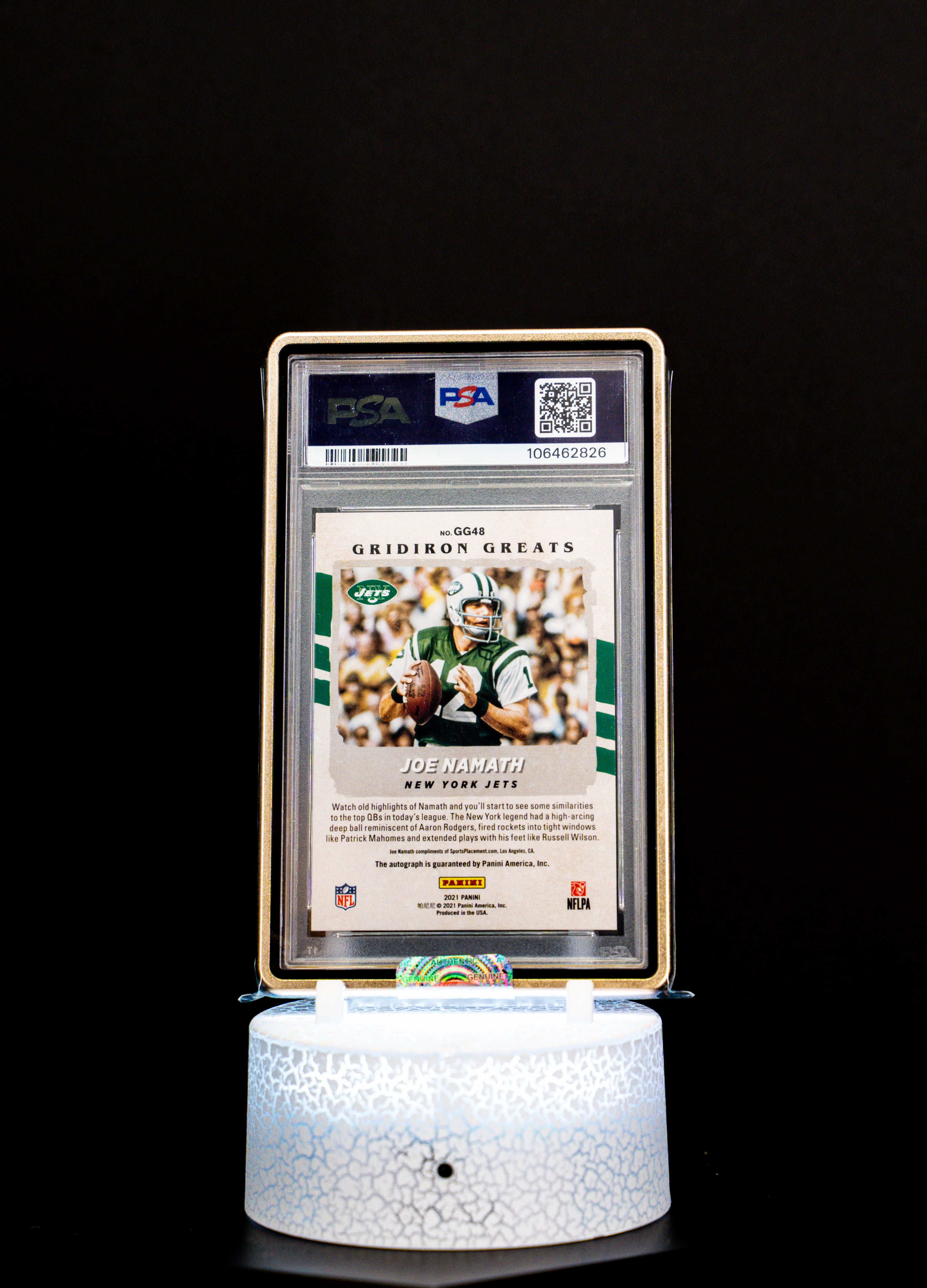 2024 Mosaic Gridiron Greats Autograph Joe Namath #GG48 – PSA GEM MT 10, Auto GEM MT 10 (PSA Cert #106462826)