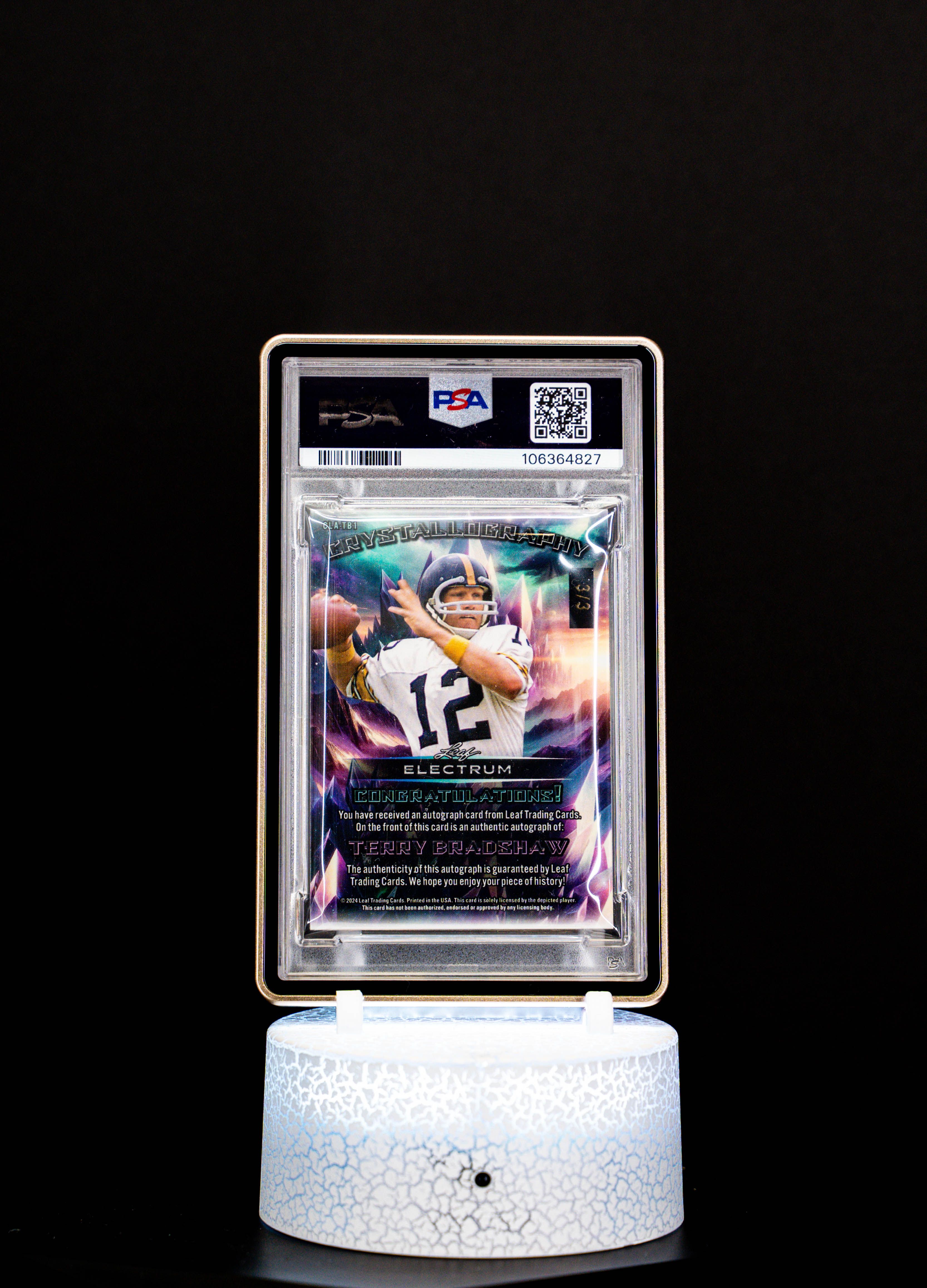 2024 Leaf Electrum Crystallography Autograph Silver Fluorescent Terry Bradshaw (SN: 3/3) #CLATB1 – PSA GEM MT 10, Auto GEM MT 10 (PSA Cert #106364827)