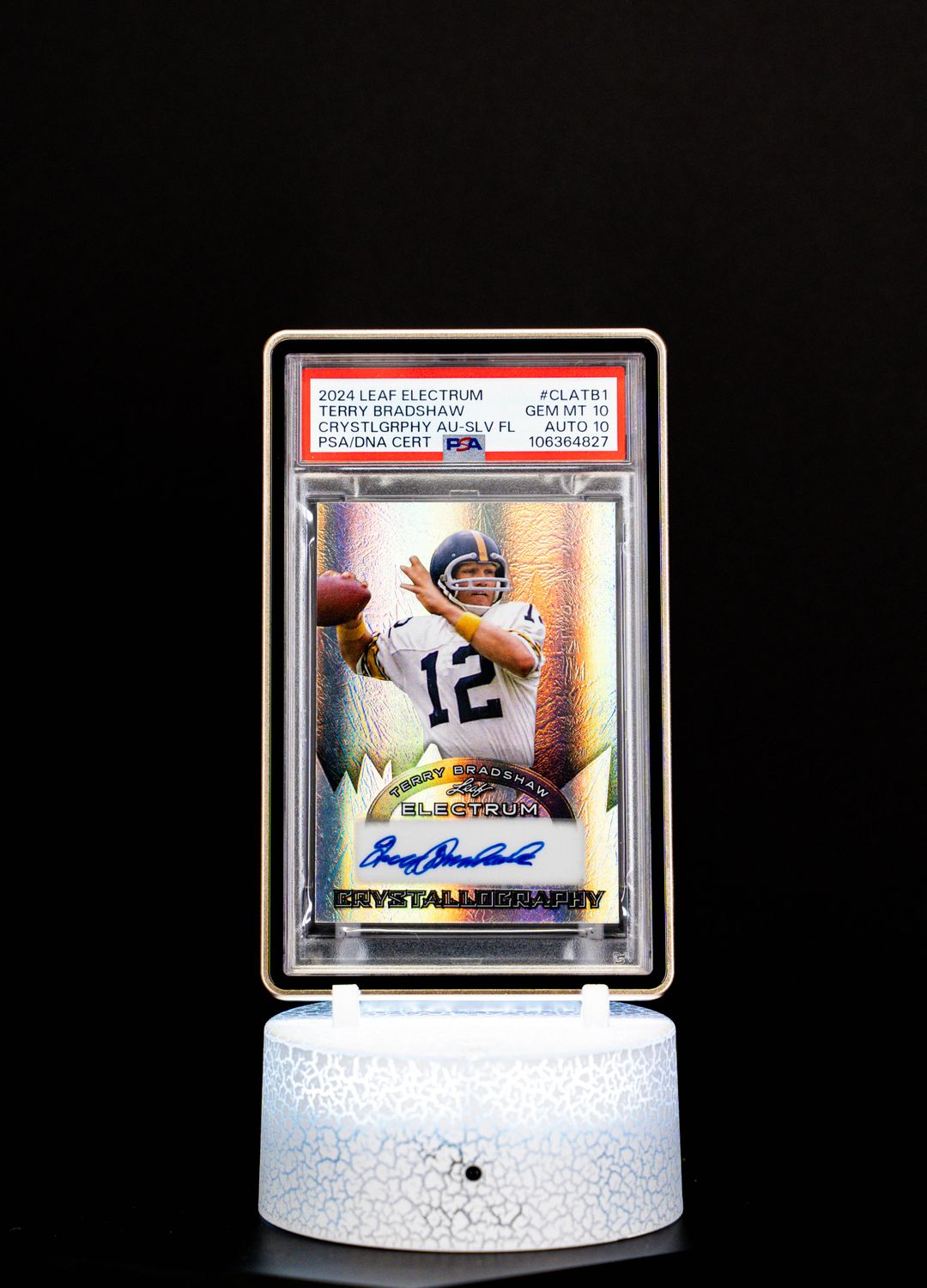 2024 Leaf Electrum Crystallography Autograph Silver Fluorescent Terry Bradshaw (SN: 3/3) #CLATB1 – PSA GEM MT 10, Auto GEM MT 10 (PSA Cert #106364827)