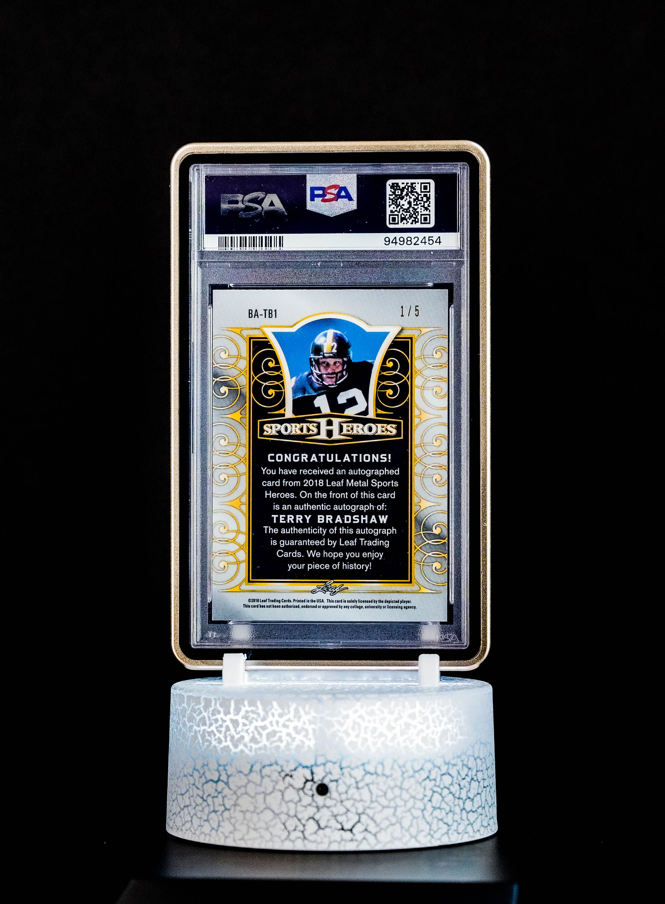 2018 Leaf Metal Sports Hero Autograph Purple WV Terry Bradshaw (SN: 1/5) #BATB1 – PSA GEM MT 10, Auto GEM MT 10 (PSA Cert #94982454)