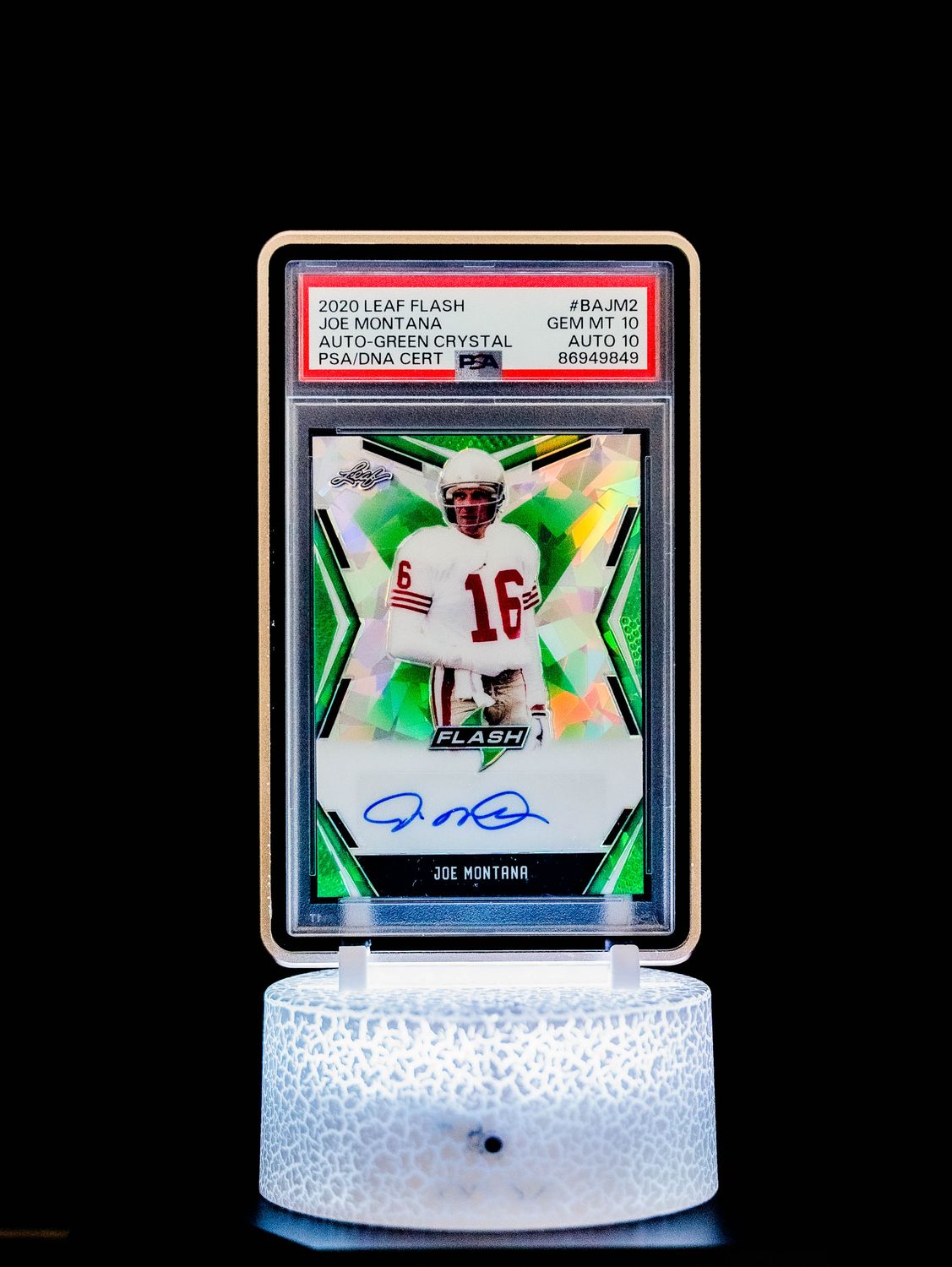 2020 Leaf Flash Auto Green Crystal Autograph Joe Montana (SN: 3/4) #BAJM2 – PSA GEM MT 10, Auto GEM MT 10 (PSA Cert #86949849)