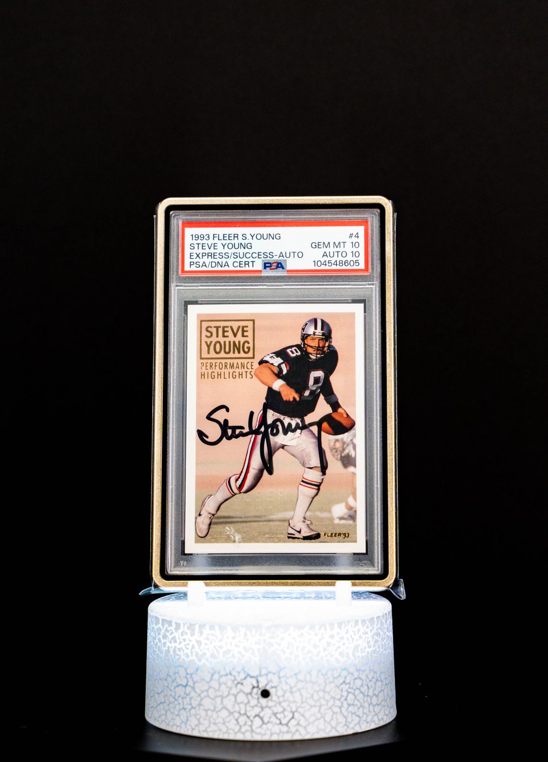 1993 Fleer S. Young Express Success Autographs Steve Young #4 – PSA GEM MT 10, Auto GEM MT 10 (PSA Cert #104548605)