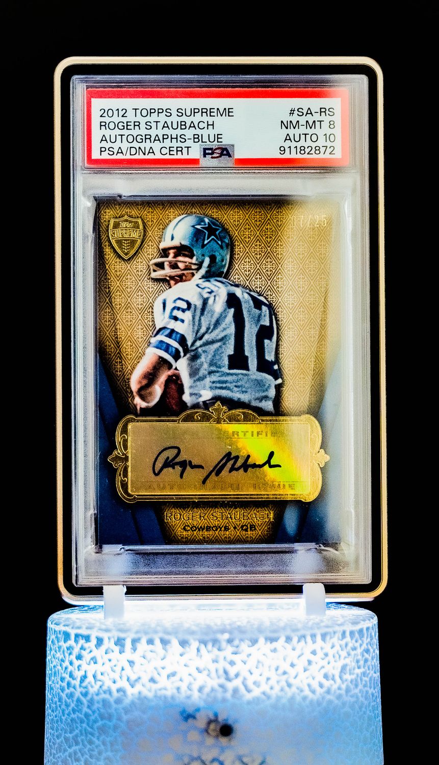 2012 Topps Supreme Autographs Blue Roger Staubach #SA-RS (SN: 7/25) PSA NM-MT 8, Auto 10