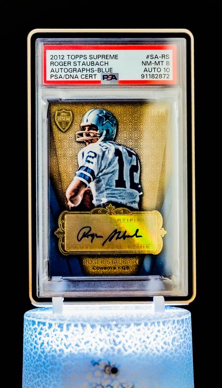 2012 Topps Supreme Autographs Blue Roger Staubach #SA-RS (SN: 7/25) PSA NM-MT 8, Auto 10
