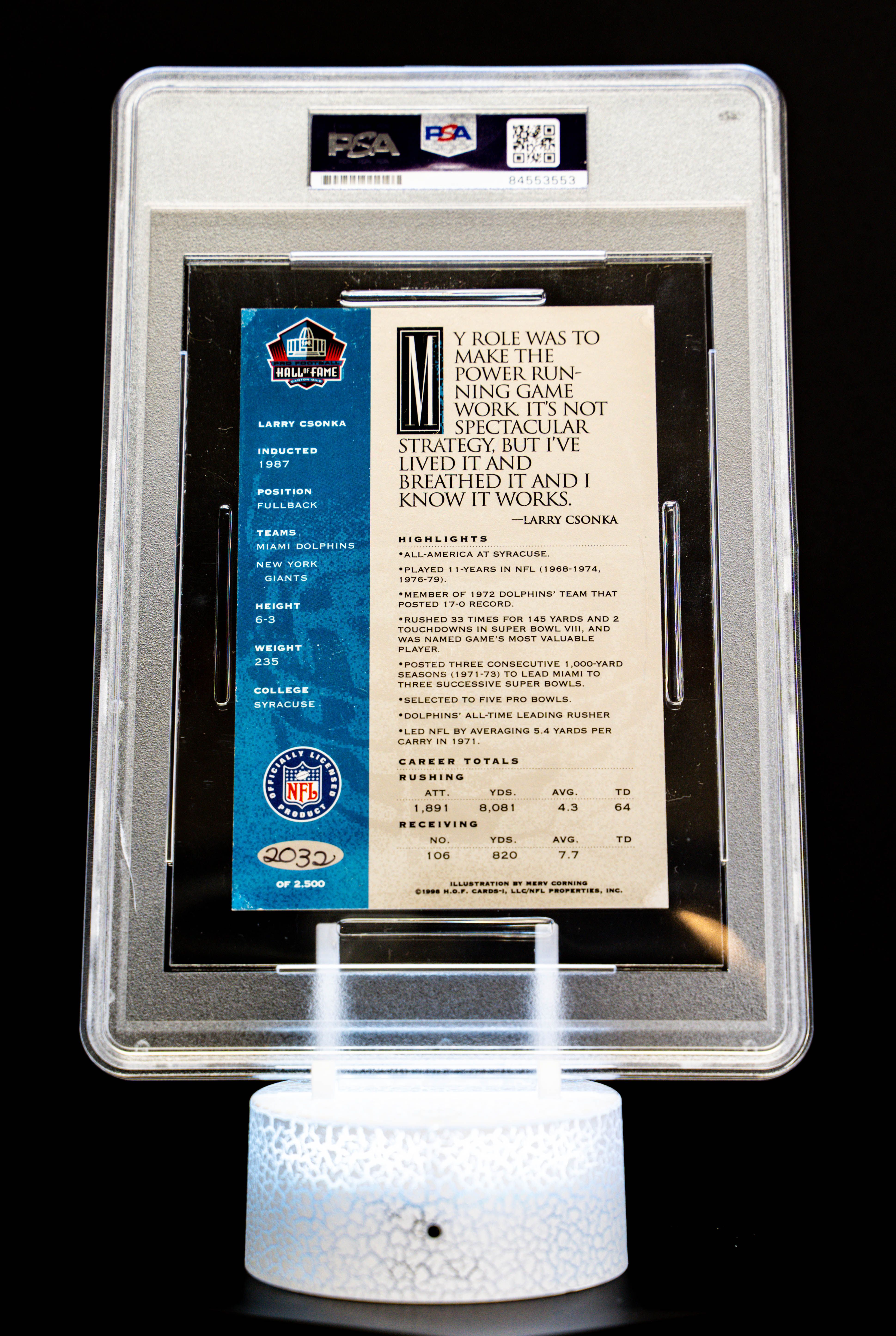 1998 H.O.F. Hall of Fame Signature Series Larry Csonka Autograph (SN: 2032/5000) – PSA/DNA Certified Auto – Oversized Limited Edition