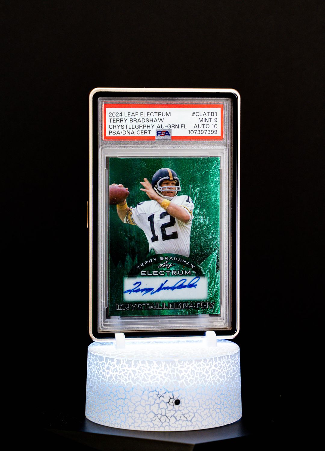 2024 Leaf Electrum Crystallography Green Fluorescent Terry Bradshaw Auto SN3/5 PSA Mint 9 Auto 10 #CLATB1