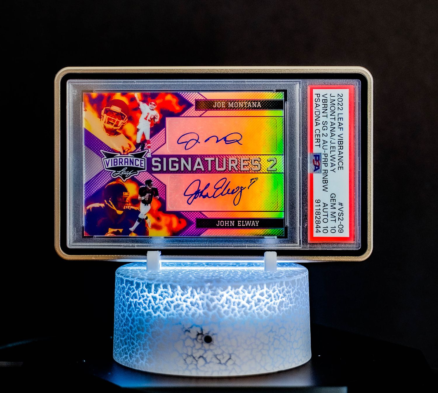 2022 Leaf Vibrance Vibrant Signatures 2 Autographs Purple Rainbow Joe Montana, John Elway (SN: 3/5) #VS2-09 – PSA GEM MT 10, Auto GEM MT 10 (PSA Cert #91182844)