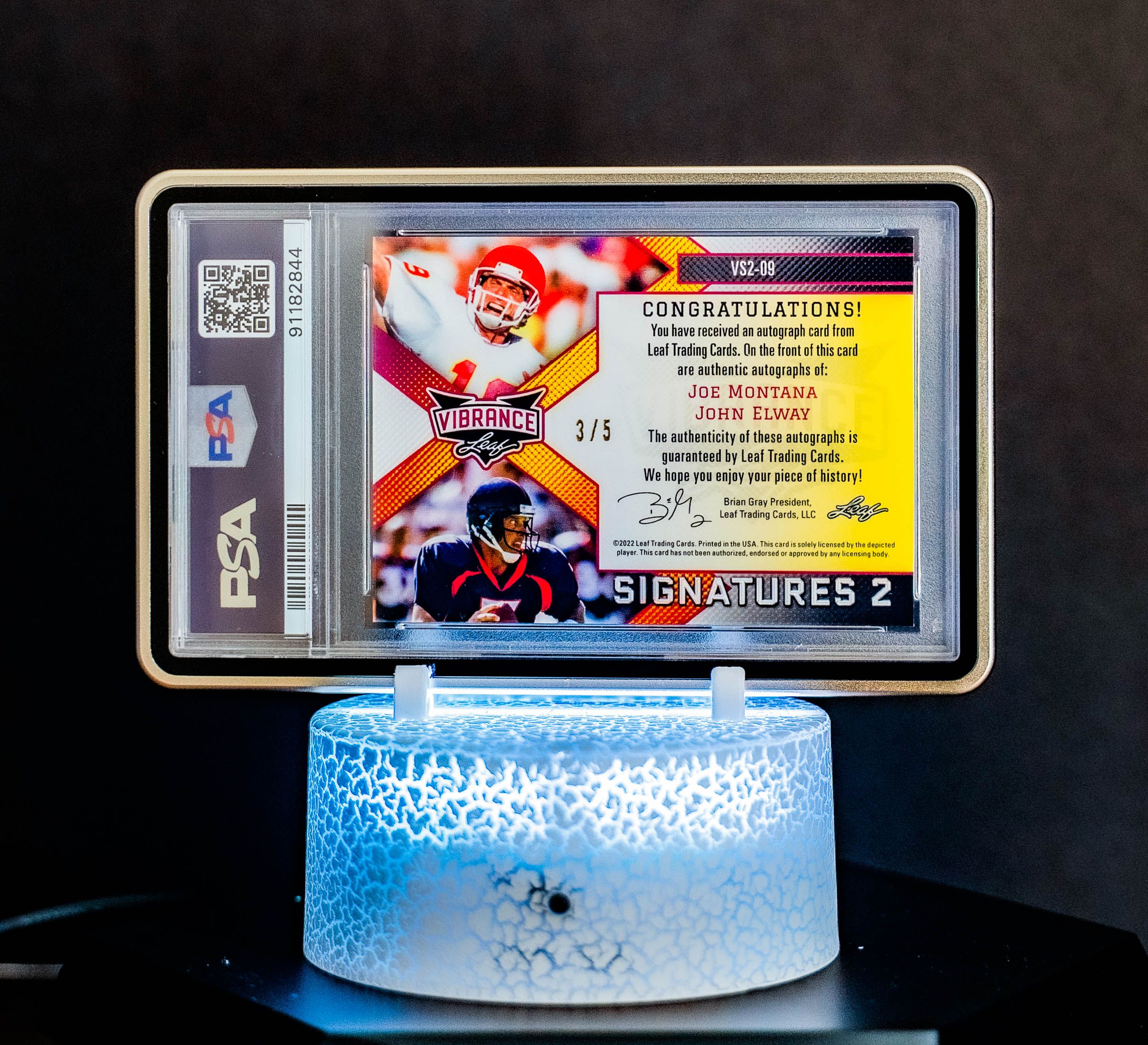 2022 Leaf Vibrance Vibrant Signatures 2 Autographs Purple Rainbow Joe Montana, John Elway (SN: 3/5) #VS2-09 – PSA GEM MT 10, Auto GEM MT 10 (PSA Cert #91182844)