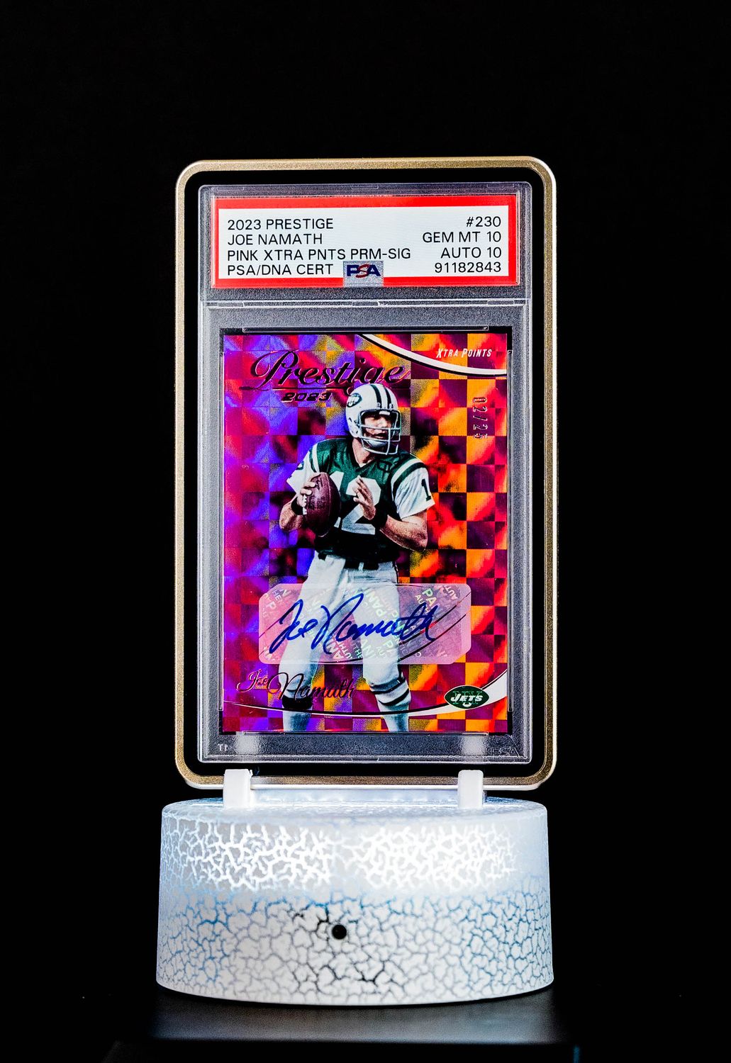 2023 Prestige Pink Extra Points Prizm Signatures Joe Namath (SN: 2/25) #230 – PSA GEM MT 10, Auto GEM MT 10 (PSA Cert #91182843)