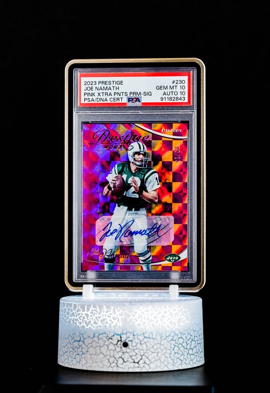 2023 Prestige Pink Extra Points Prizm Signatures Joe Namath (SN: 2/25) #230 – PSA GEM MT 10, Auto GEM MT 10 (PSA Cert #91182843)