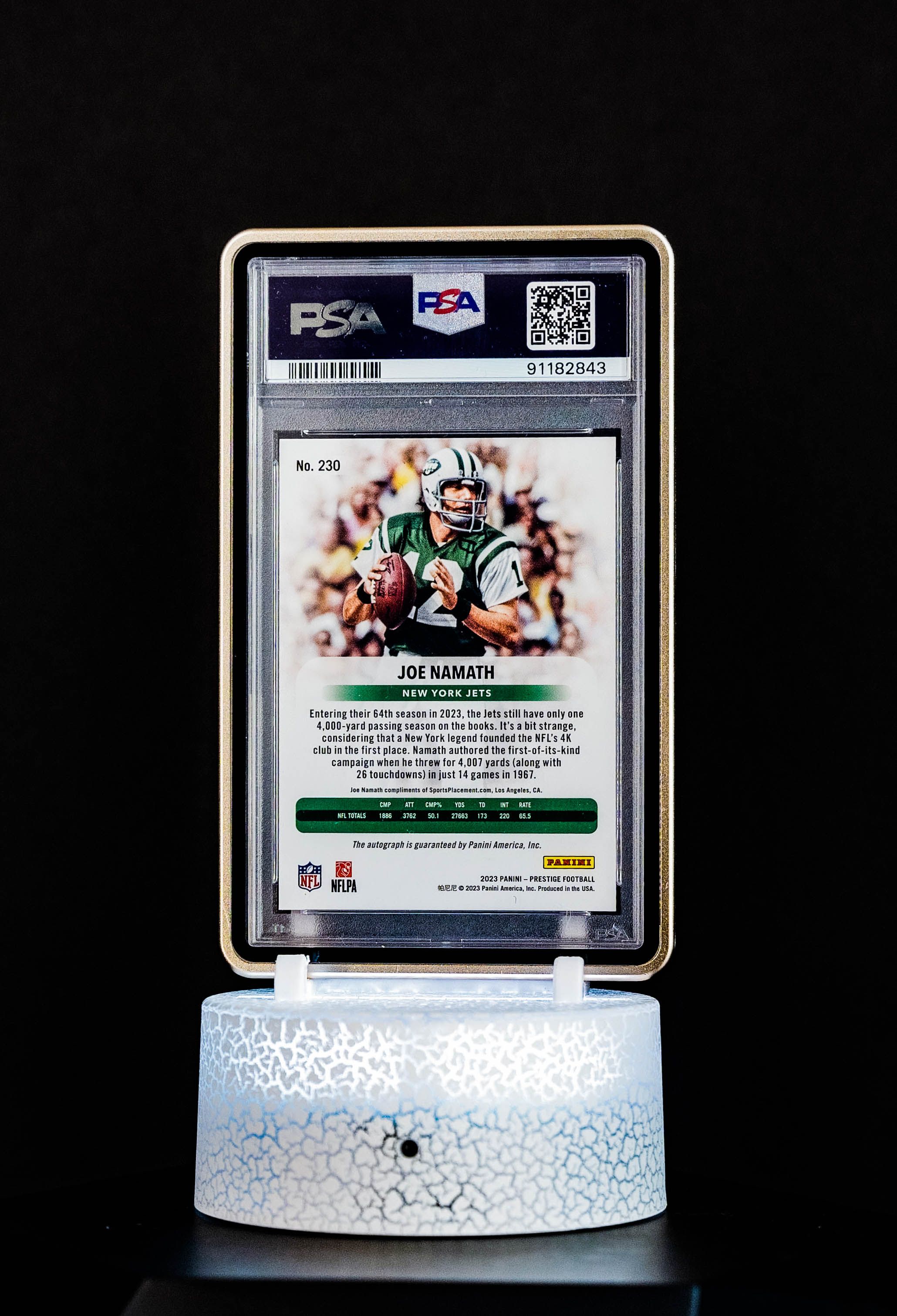 2023 Prestige Pink Extra Points Prizm Signatures Joe Namath (SN: 2/25) #230 – PSA GEM MT 10, Auto GEM MT 10 (PSA Cert #91182843)