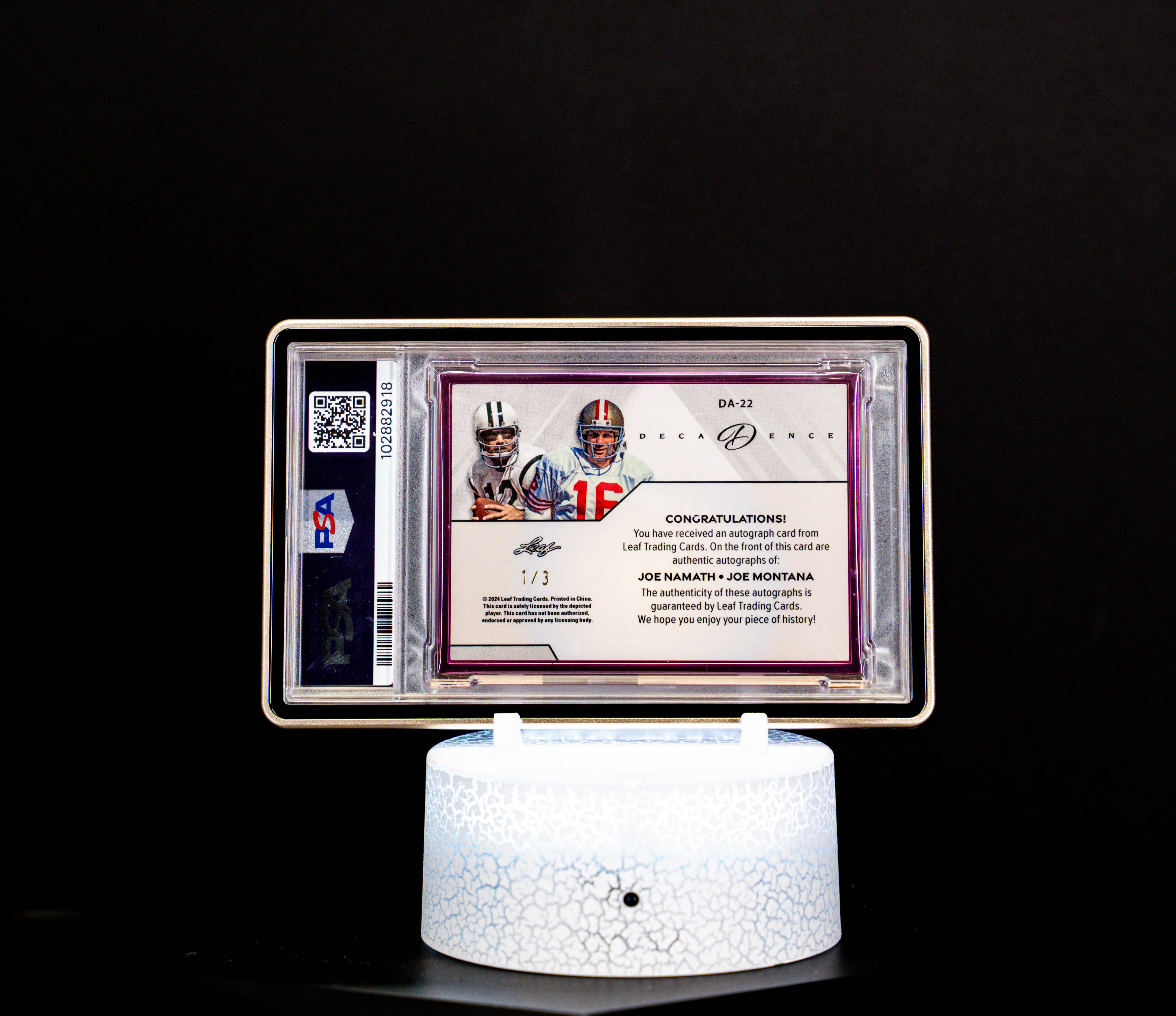 2024 Leaf Decadence Dual Autographs Pink Joe Namath & Joe Montana (SN: 1/3) #DA22 – PSA GEM MT 10, Auto GEM MT 10 (PSA Cert #102882918)