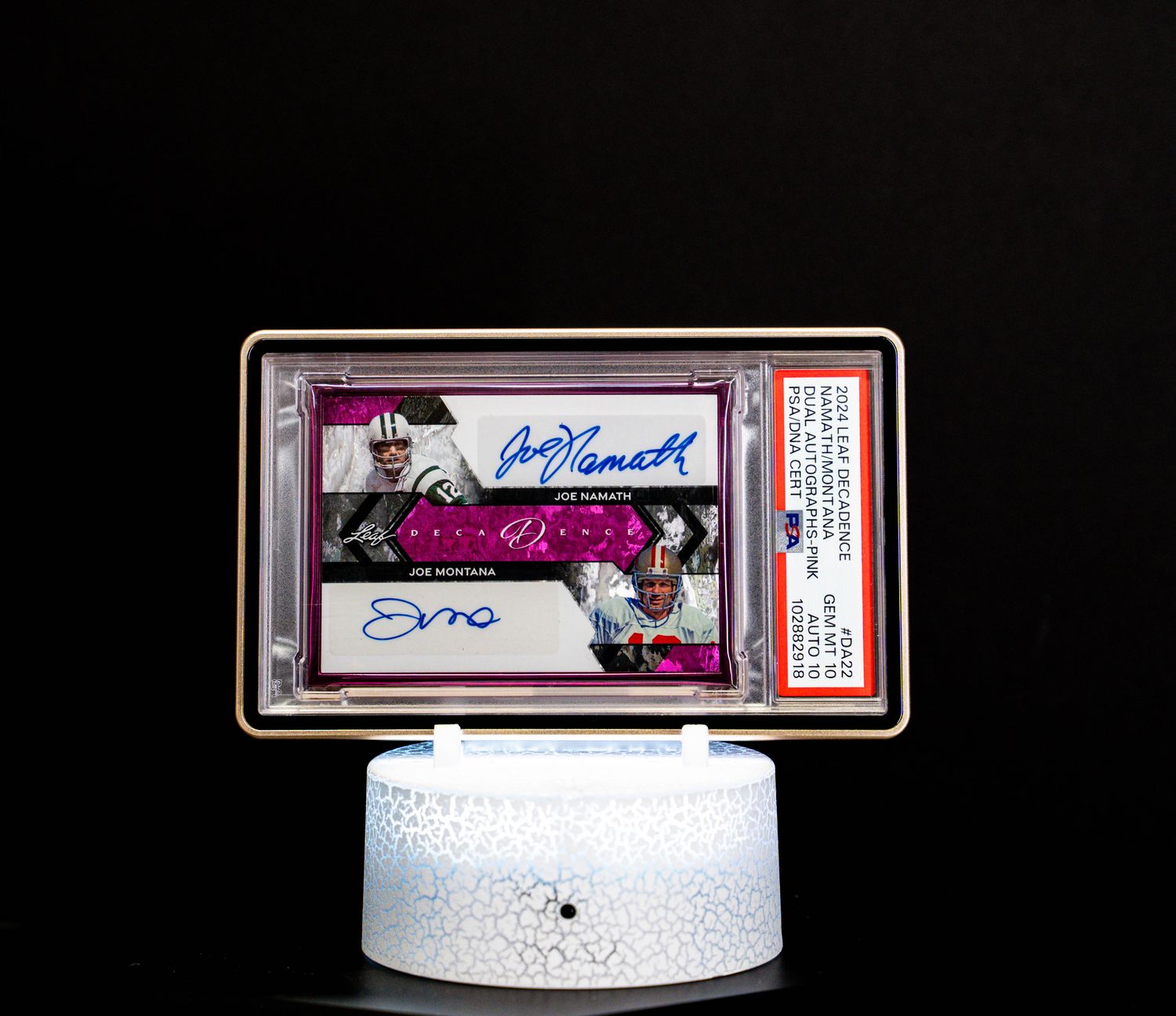 2024 Leaf Decadence Dual Autographs Pink Joe Namath & Joe Montana (SN: 1/3) #DA22 – PSA GEM MT 10, Auto GEM MT 10 (PSA Cert #102882918)