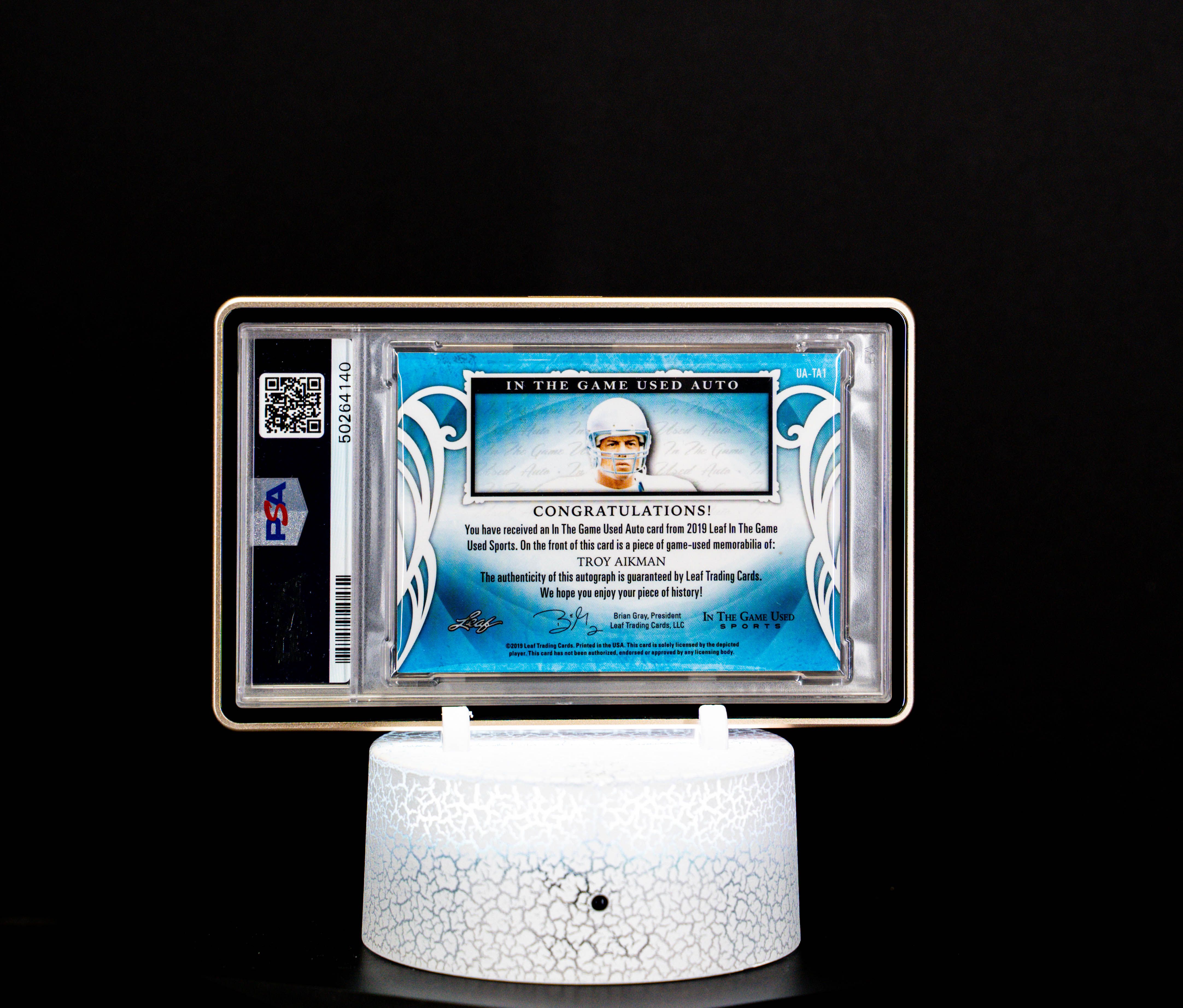 2019 Leaf In the Game Used Autographs Purple, Troy Aikman (SN: 2/7) #UATA1