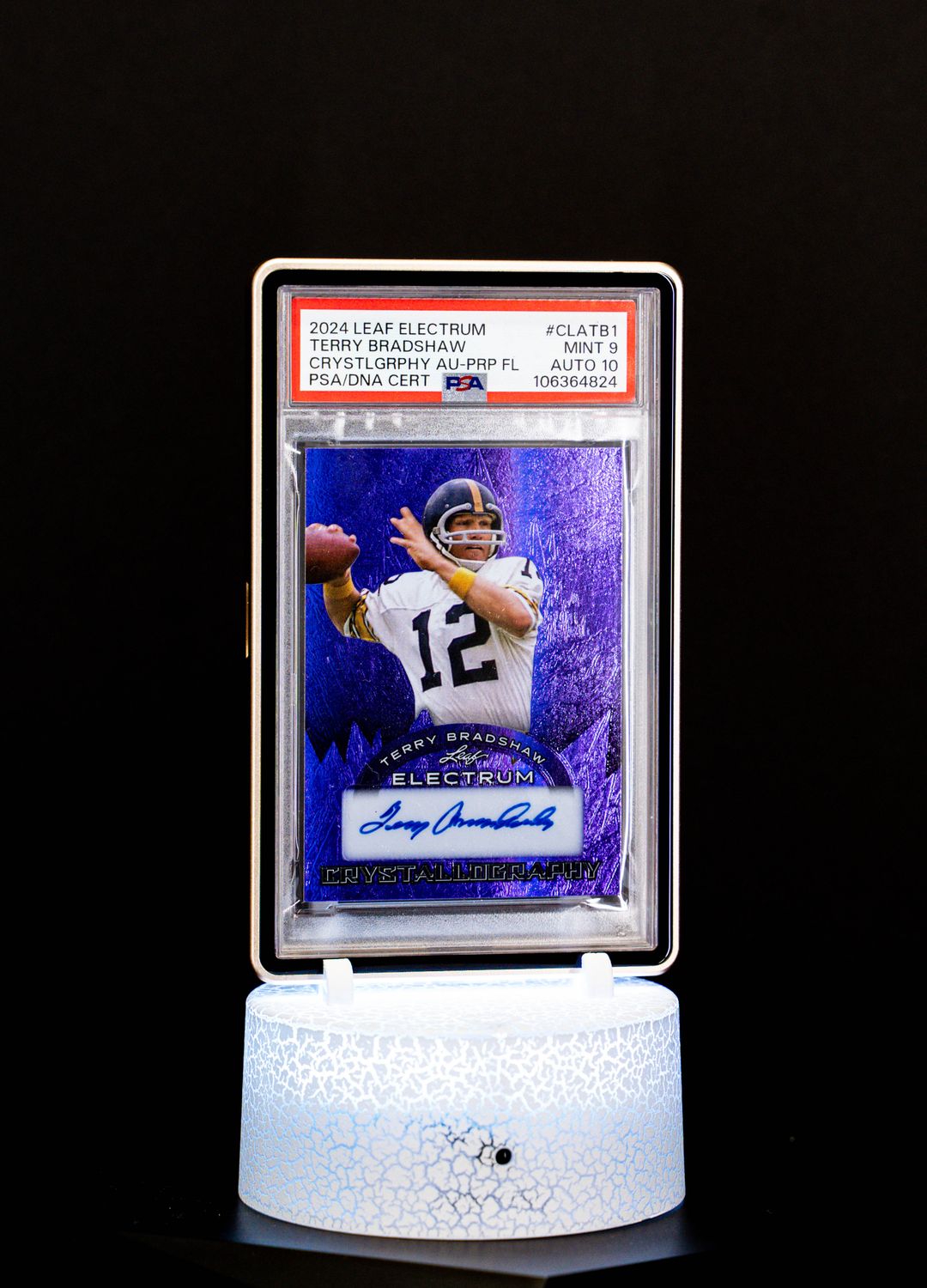 2024 Leaf Electrum Crystallography Autograph Purple Florecent, Terry Bradshaw (SN: 2/7) #CLATB1 (PSA Mint 9, Auto 10 PSA: #106364824)