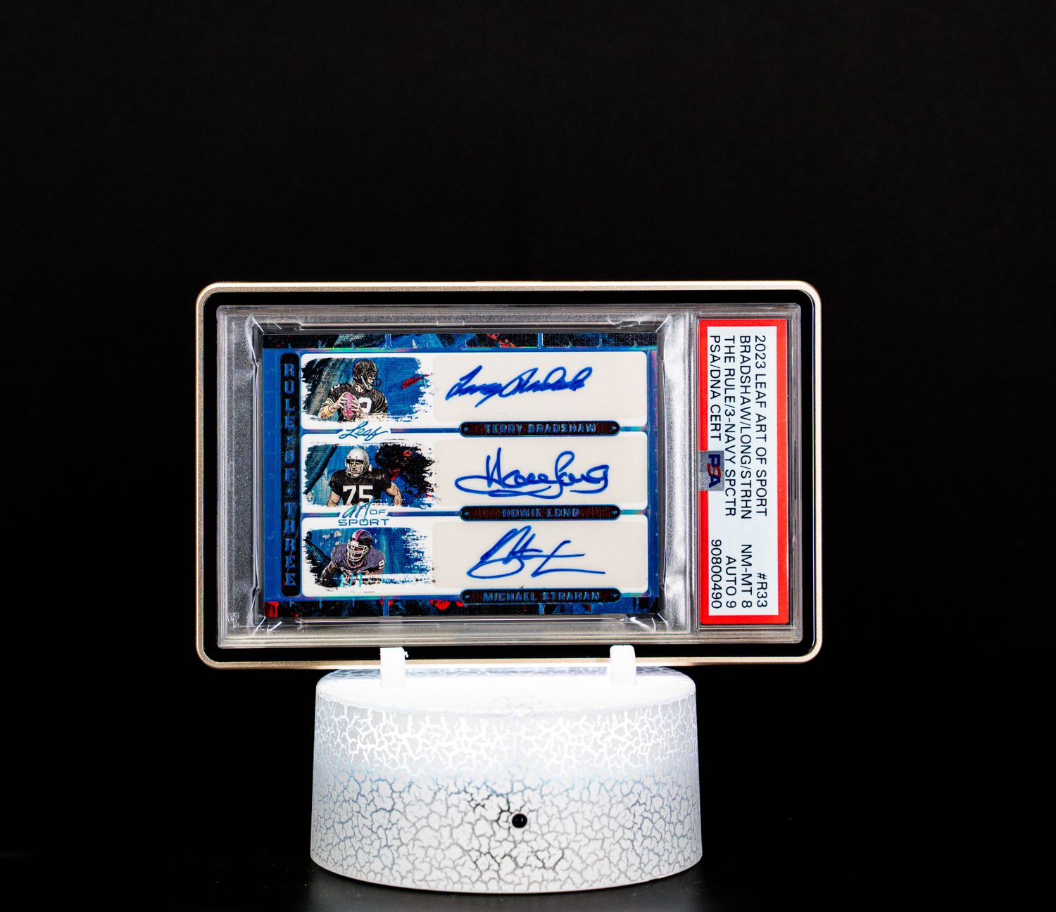 2023 Leaf Art of Sport The Rule of Three Navy Spectrum Bradshaw, Long & Strahan #R33 PSA NM-MT 8, Auto 9
