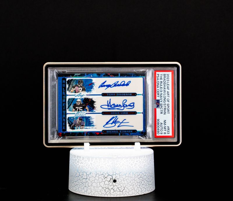 2023 Leaf Art of Sport The Rule of Three Navy Spectrum Bradshaw, Long & Strahan #R33 PSA NM-MT 8, Auto 9