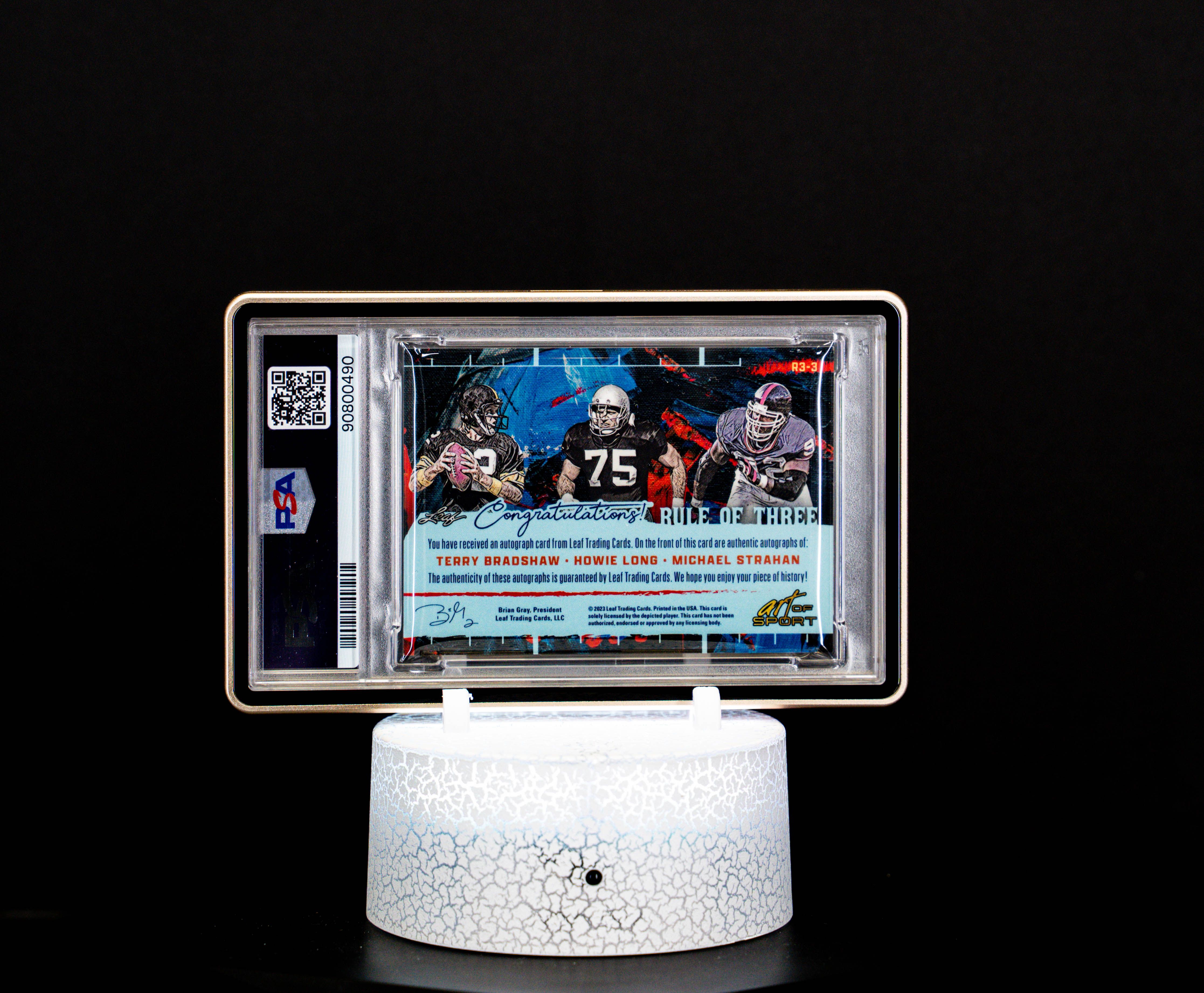 2023 Leaf Art of Sport The Rule of Three Navy Spectrum Bradshaw, Long & Strahan #R33 PSA NM-MT 8, Auto 9