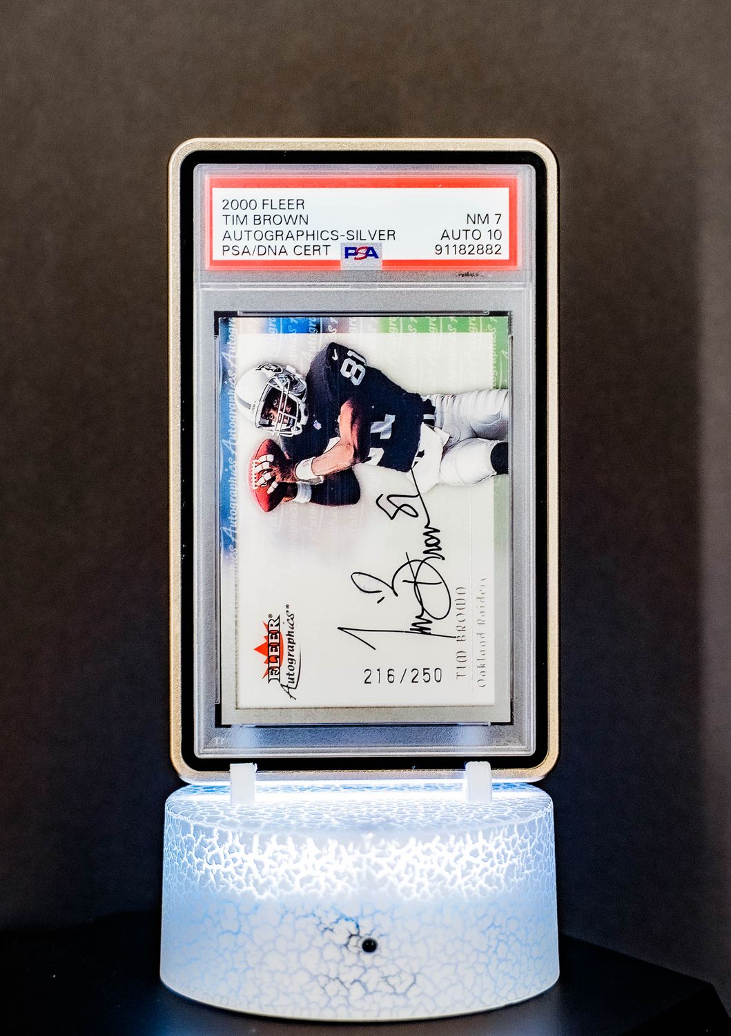 2000 Fleer Autographic Silver Tim Brown (SN: 216/250) #No Number (PSA Card NM 7, Auto 10 PSA: #91182882) (POP 1)