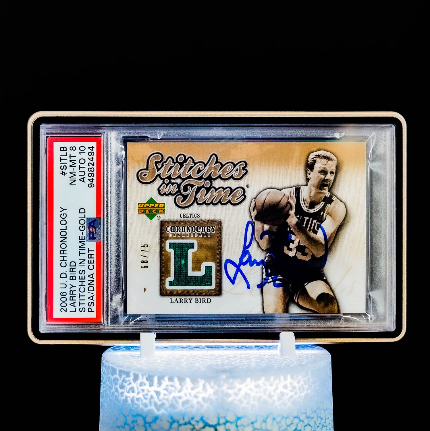 2006 Upper Deck Chronology Stitches in Time Gold #SITLB Larry Bird Auto PSA 8 / Auto 10 (SN: 68/75) (Pop 2)