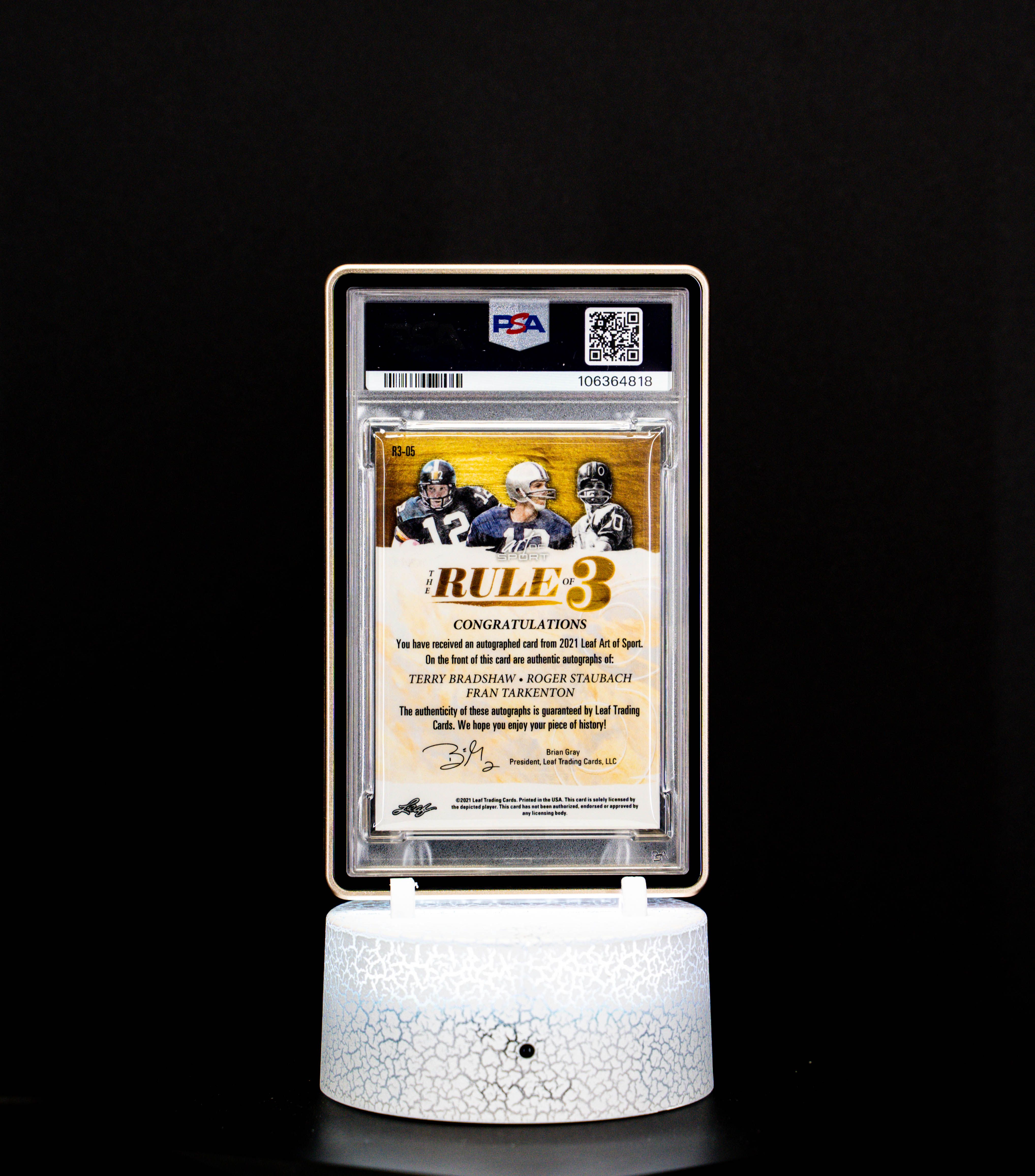 2021 Leaf Art of Sport Rule of 3 Red SN 4/5 Bradshaw, Staubach, Tarkenton PSA 10 Auto 9 (#R3-05)