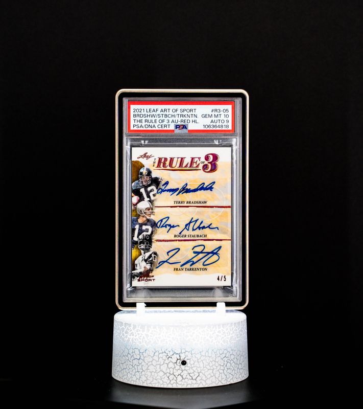 2021 Leaf Art of Sport Rule of 3 Red SN 4/5 Bradshaw, Staubach, Tarkenton PSA 10 Auto 9 (#R3-05)