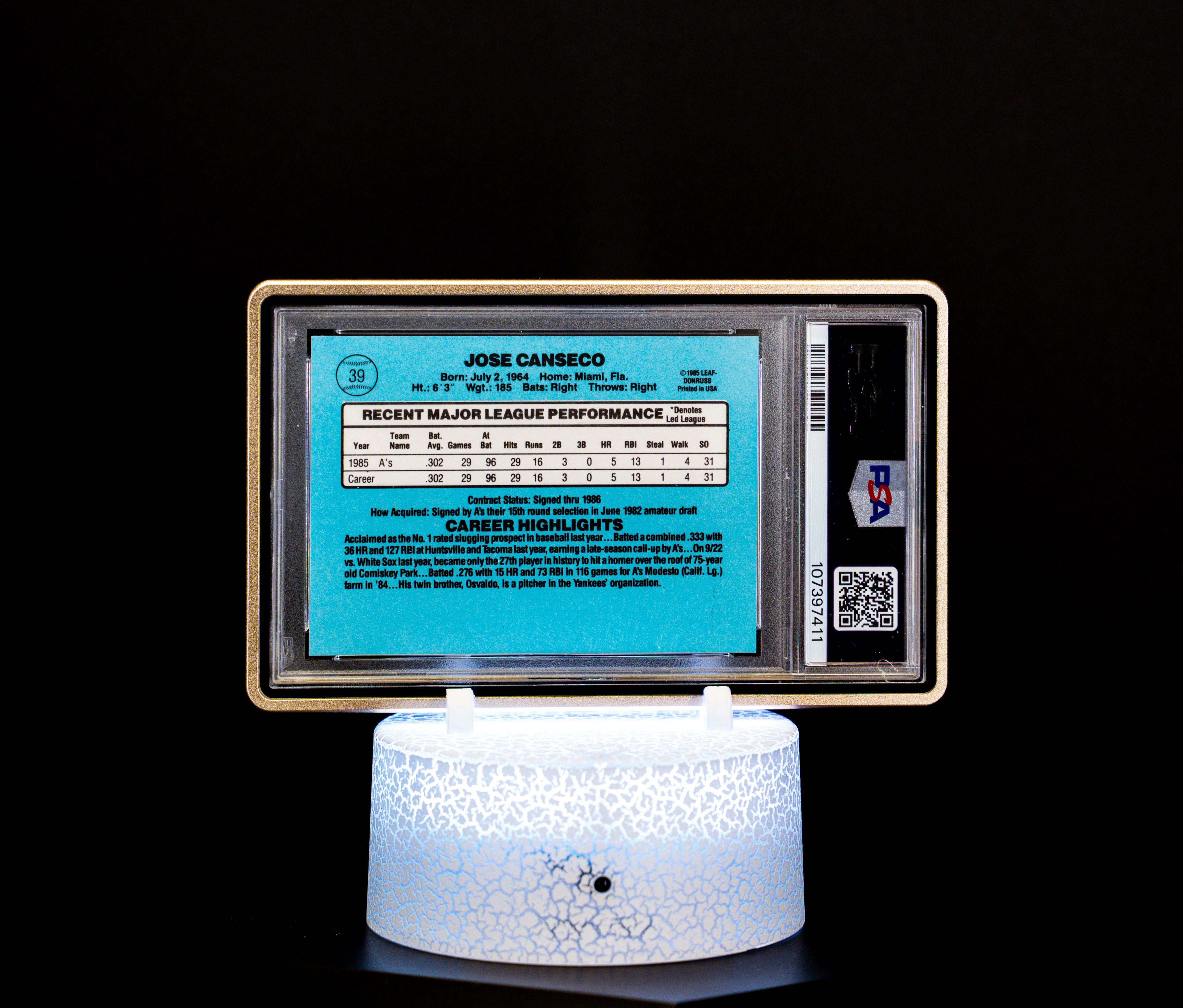 1986 Donruss Autographed, Jose Canseco #39 (PSA NM-MT 8, Auto 10) – Cert #107397411