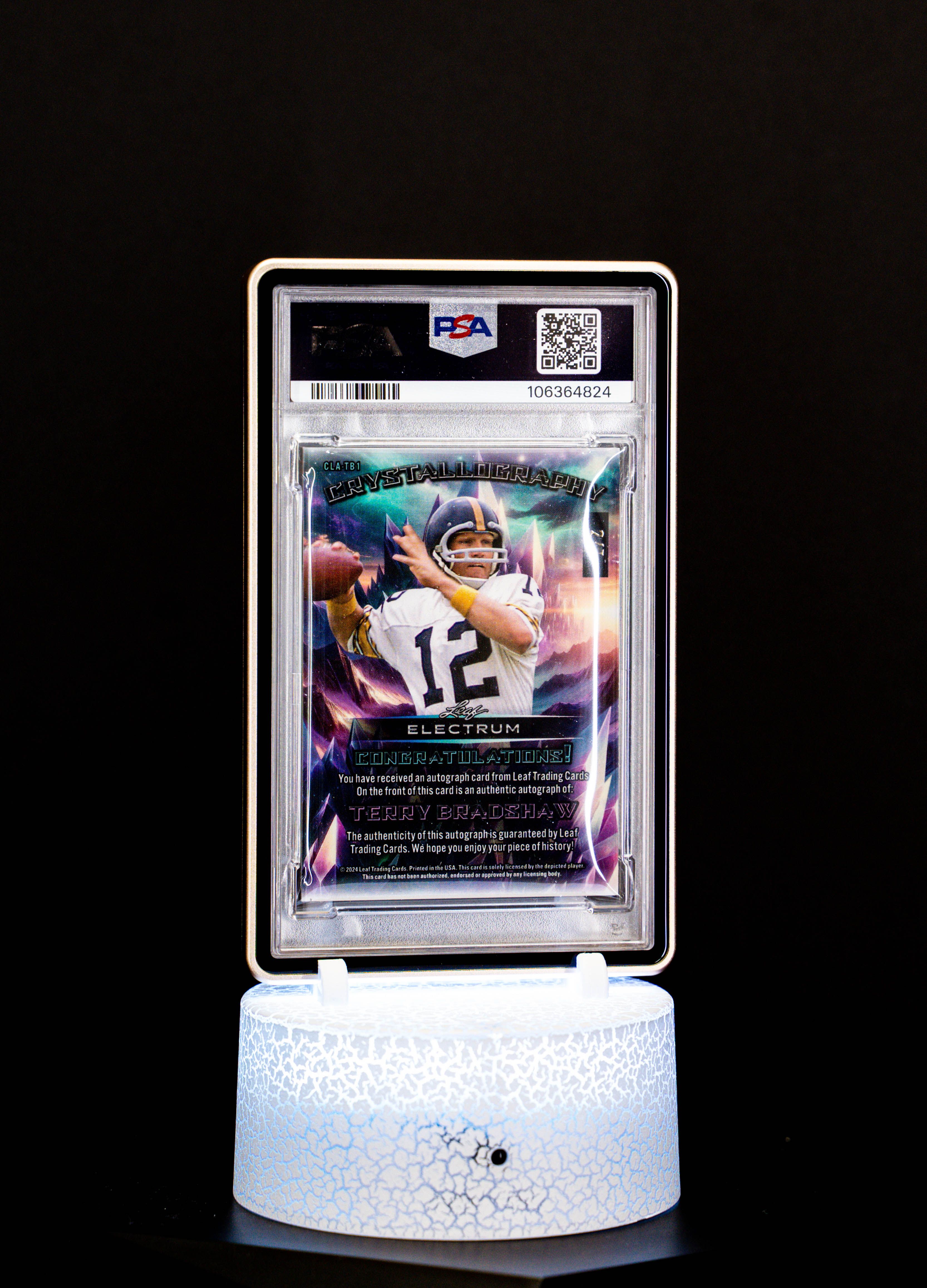 2024 Leaf Electrum Crystallography Autograph Purple Florecent, Terry Bradshaw (SN: 2/7) #CLATB1 (PSA Mint 9, Auto 10 PSA: #106364824)