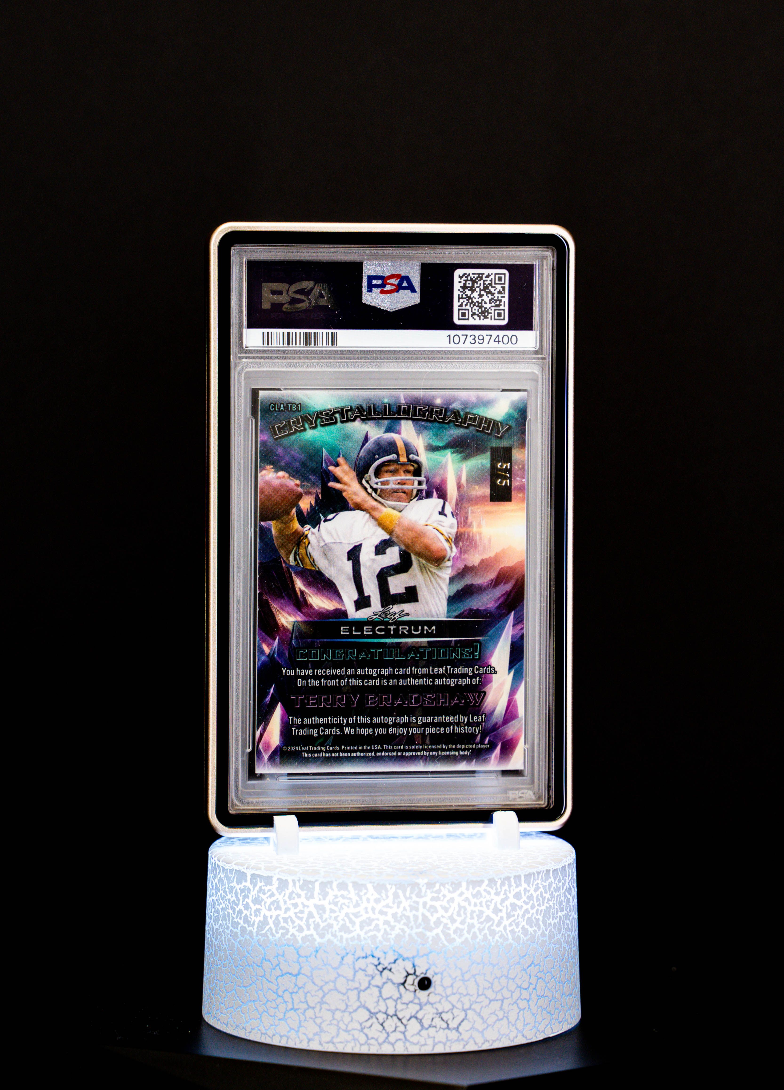 2024 Leaf Electrum Crystallography Green Fluorescent Terry Bradshaw Auto SN5/5 PSA Mint 9 Auto 10 #CLATB1