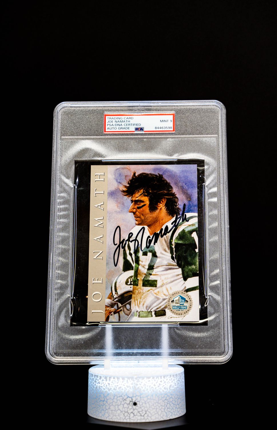 1998 H.O.F. Hall of Fame Signature Series Joe Namath Autograph (SN: 1676/2500) Large Sized Card – PSA MINT 9
