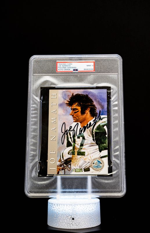 1998 H.O.F. Hall of Fame Signature Series Joe Namath Autograph (SN: 1676/2500) Large Sized Card – PSA MINT 9