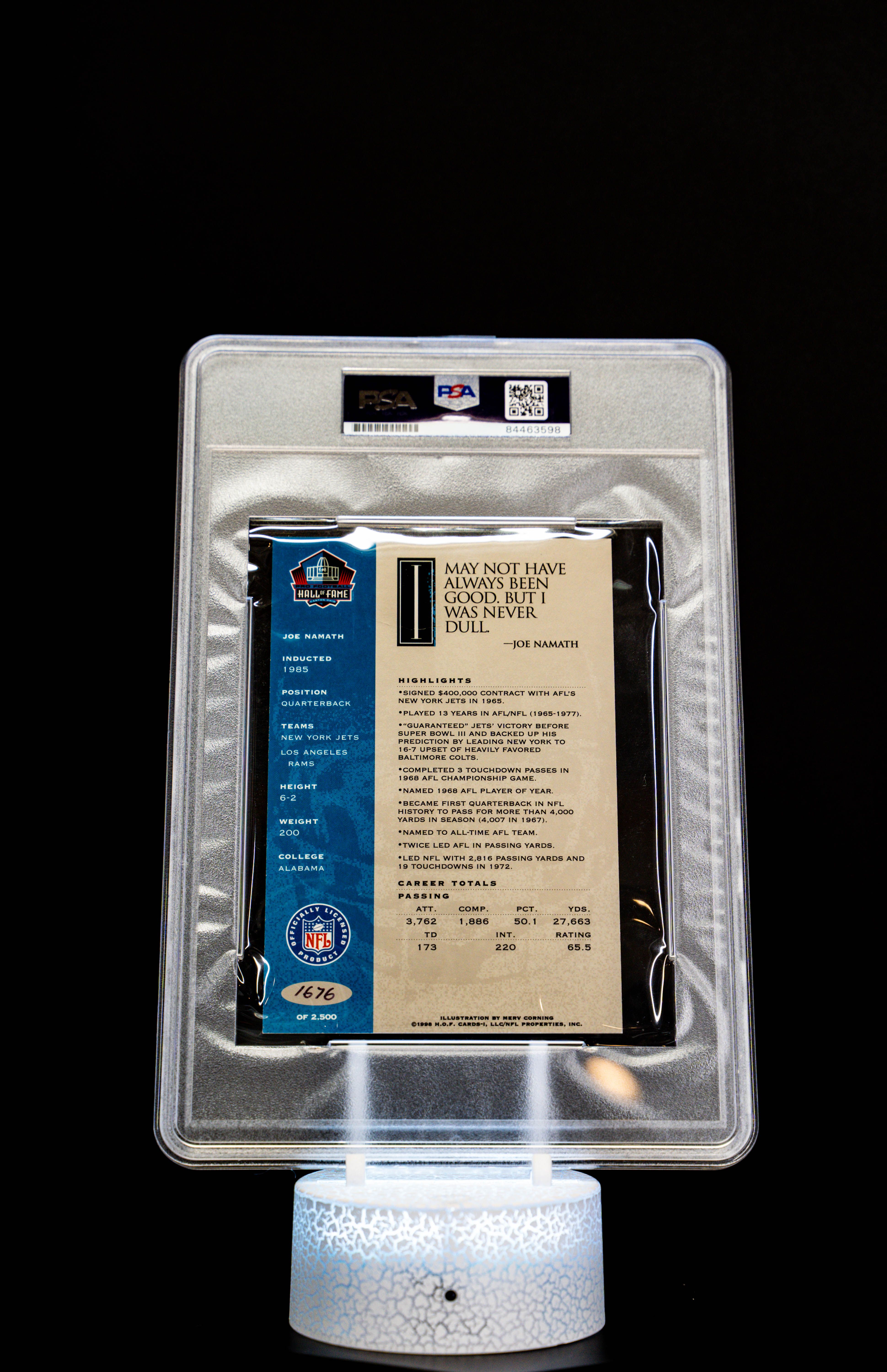 1998 H.O.F. Hall of Fame Signature Series Joe Namath Autograph (SN: 1676/2500) Large Sized Card – PSA MINT 9