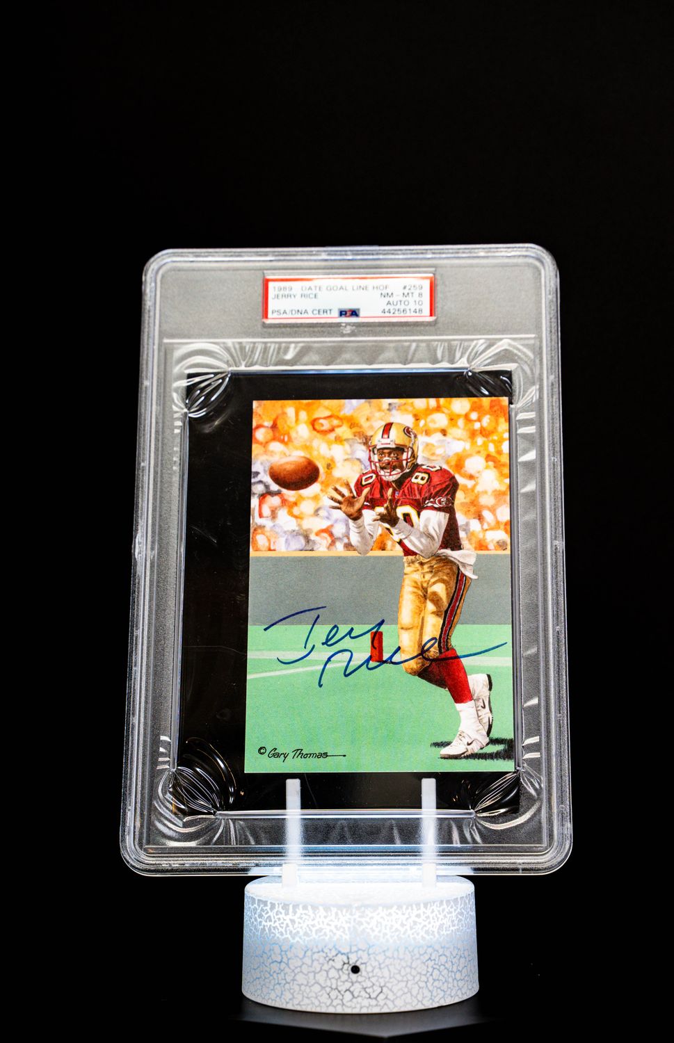 1989 - Date Goal Line H.O.F. Art Jerry Rice Auto (SN: 5000) Large Card (PSA Card NM-MT 8 Auto 10 PSA: #44256148) (POP 6 - Higher POP = 3)