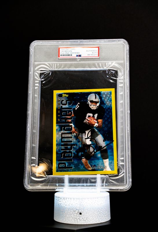 1996 Topps Finest Playmakers Oversized Card Autographed, Tim Brown #5 of 22  (PSA Authentic Auto PSA: #84160233)