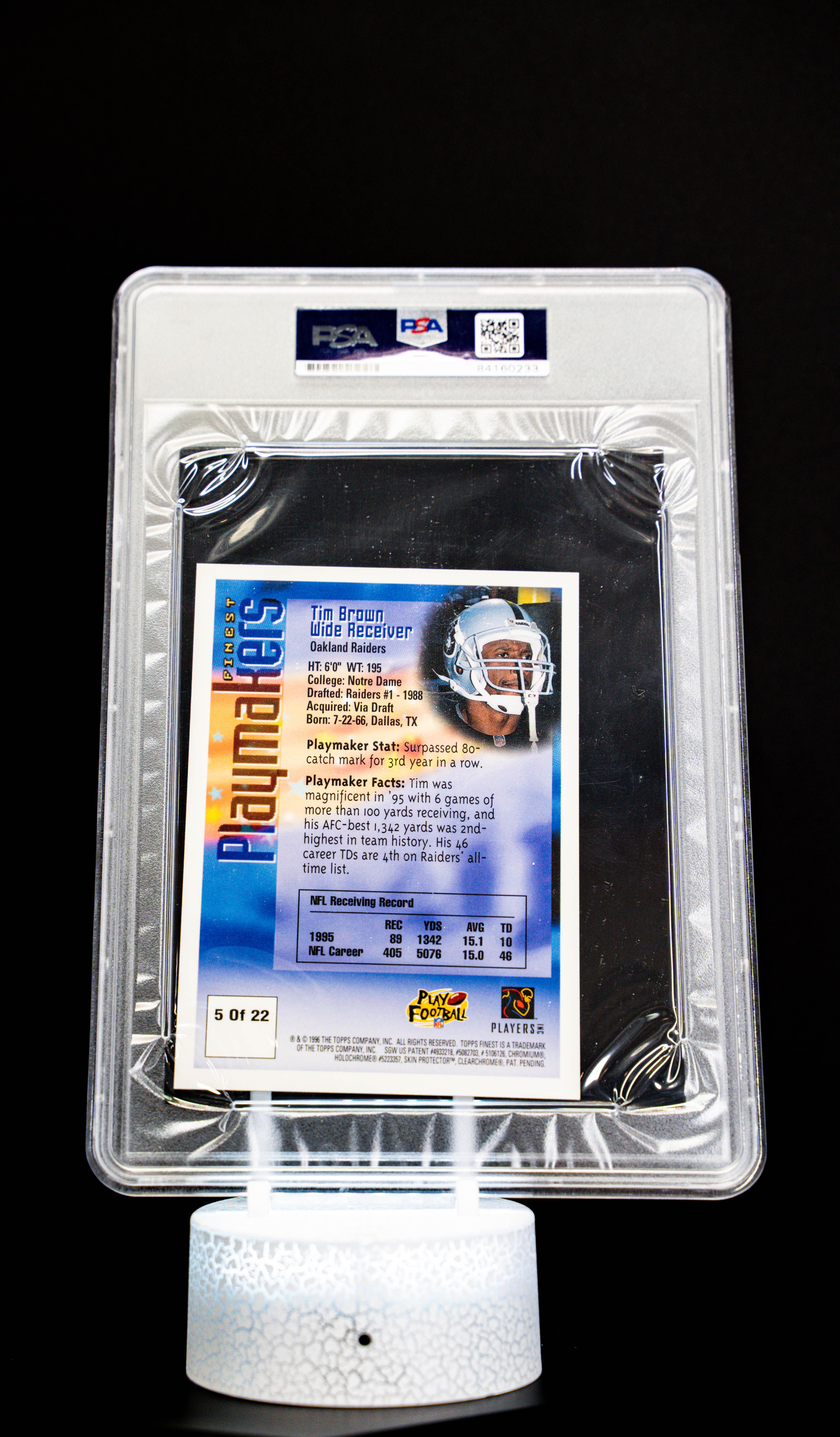 1996 Topps Finest Playmakers Oversized Card Autographed, Tim Brown #5 of 22  (PSA Authentic Auto PSA: #84160233)