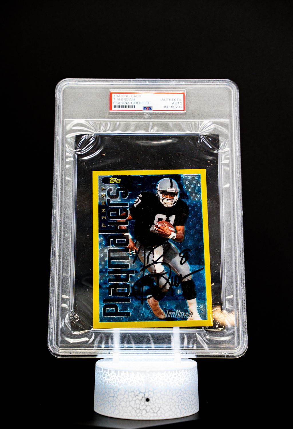 1996 Topps Finest Playmakers Oversized Card Autographed, Tim Brown #5 of 22  (PSA Authentic Auto PSA: #84160232)