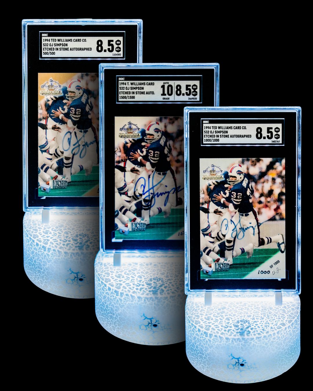 1994 Ted Williams Etched In Stone O.J. Simpson Autographed Complete 3-Card Set SGC NM-MT+ 8.5