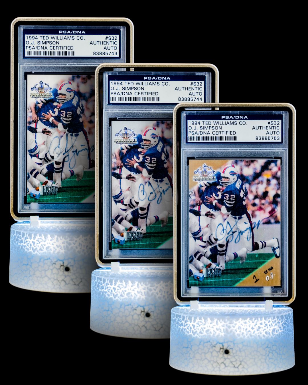 1994 Ted Williams Co. O.J. Simpson Signed – 1/500, 1/1000, 1/1500 (3-Card Set, PSA Authentic Auto)