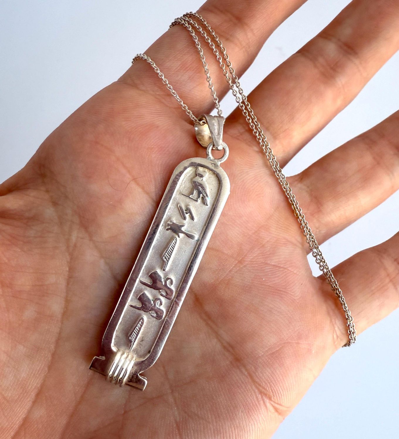 The Michelle: 18&quot; Sterling Silver Egyptian Hieroglyphic Cartouche Pendant Necklace