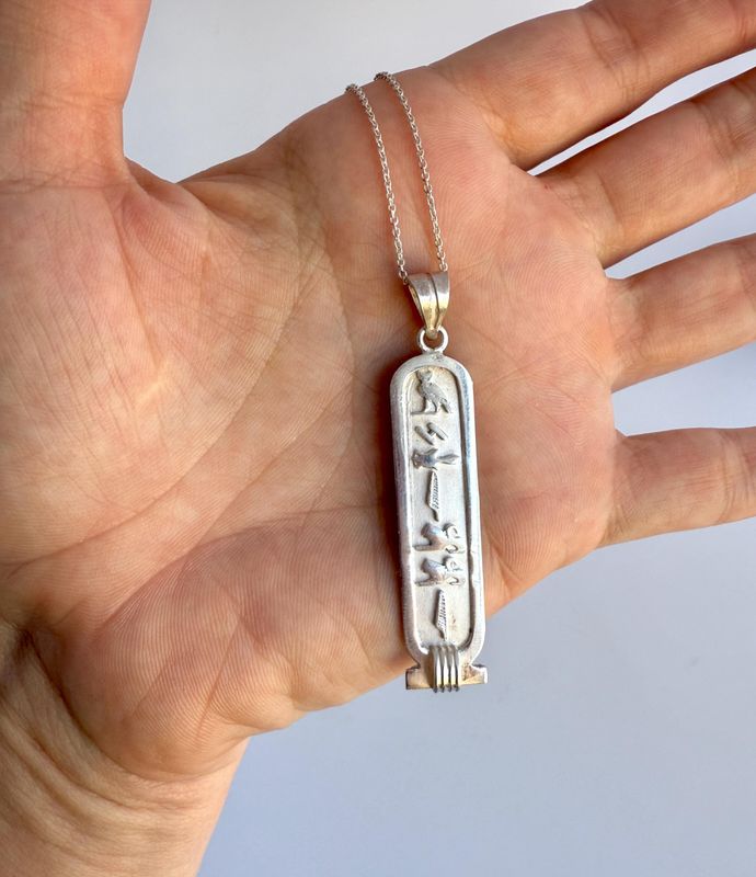 The Michelle: 18" Sterling Silver Egyptian Hieroglyphic Cartouche Pendant Necklace