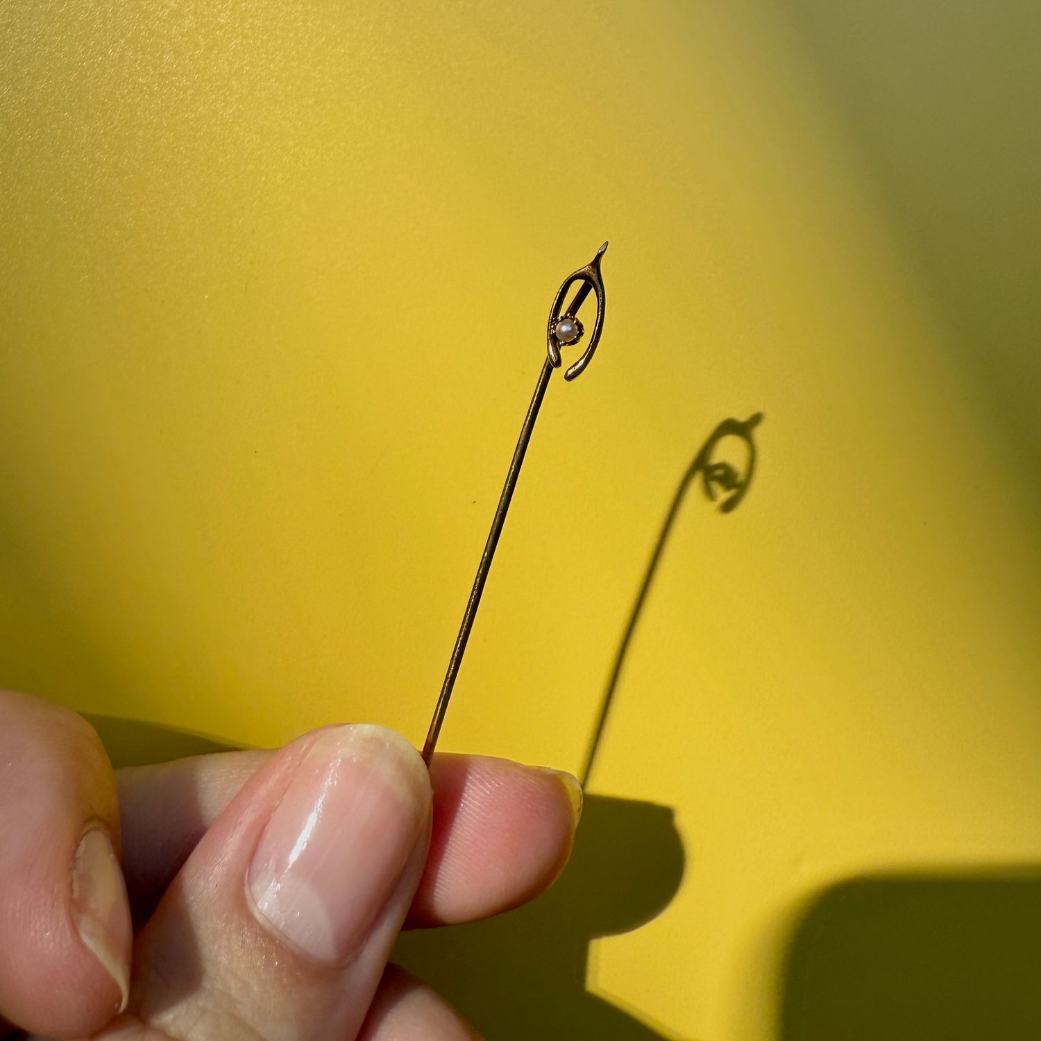 The Nancy: 10K Yellow Gold and Pearl Wishbone Stick Pin