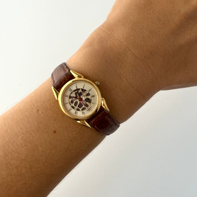 The Eugen: 8&quot; Gold-Tone Amitron Quartz Watch with Brown Leather Strap